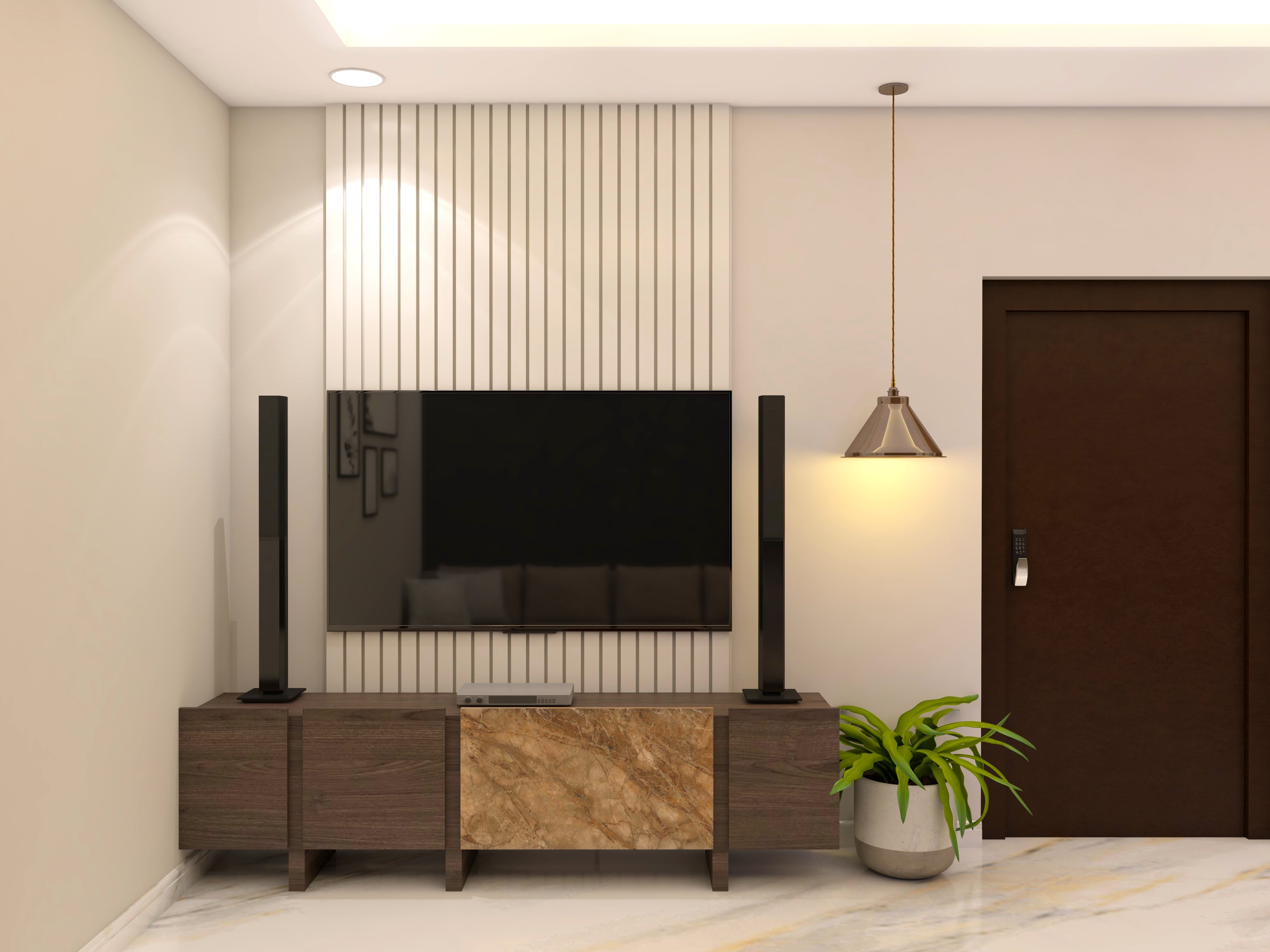 TV unit with fluted wall panel and pendant lamp-Beautiful Homes