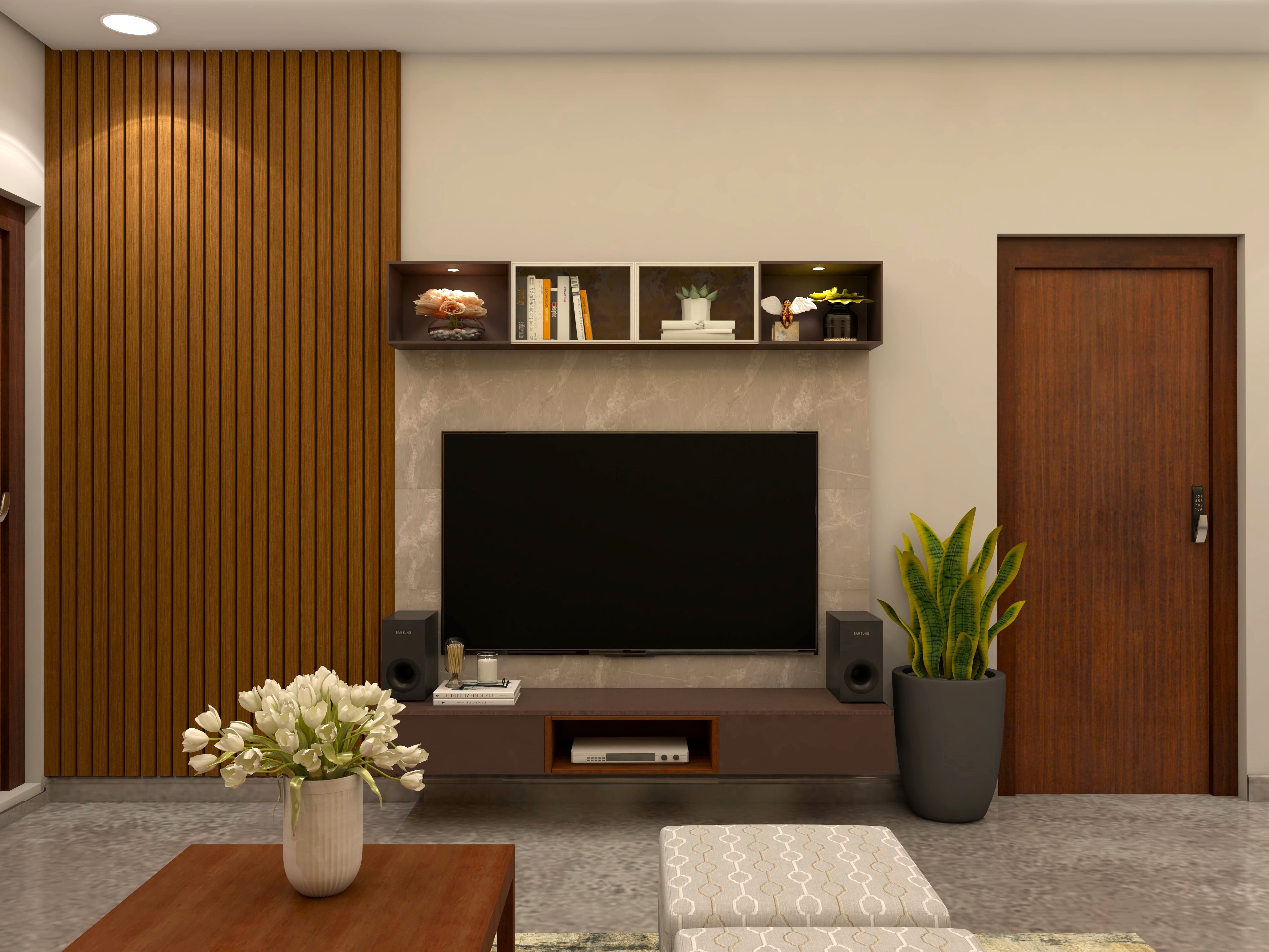 Living room with wall mounted TV unit and fluted panels-Beautiful Homes
