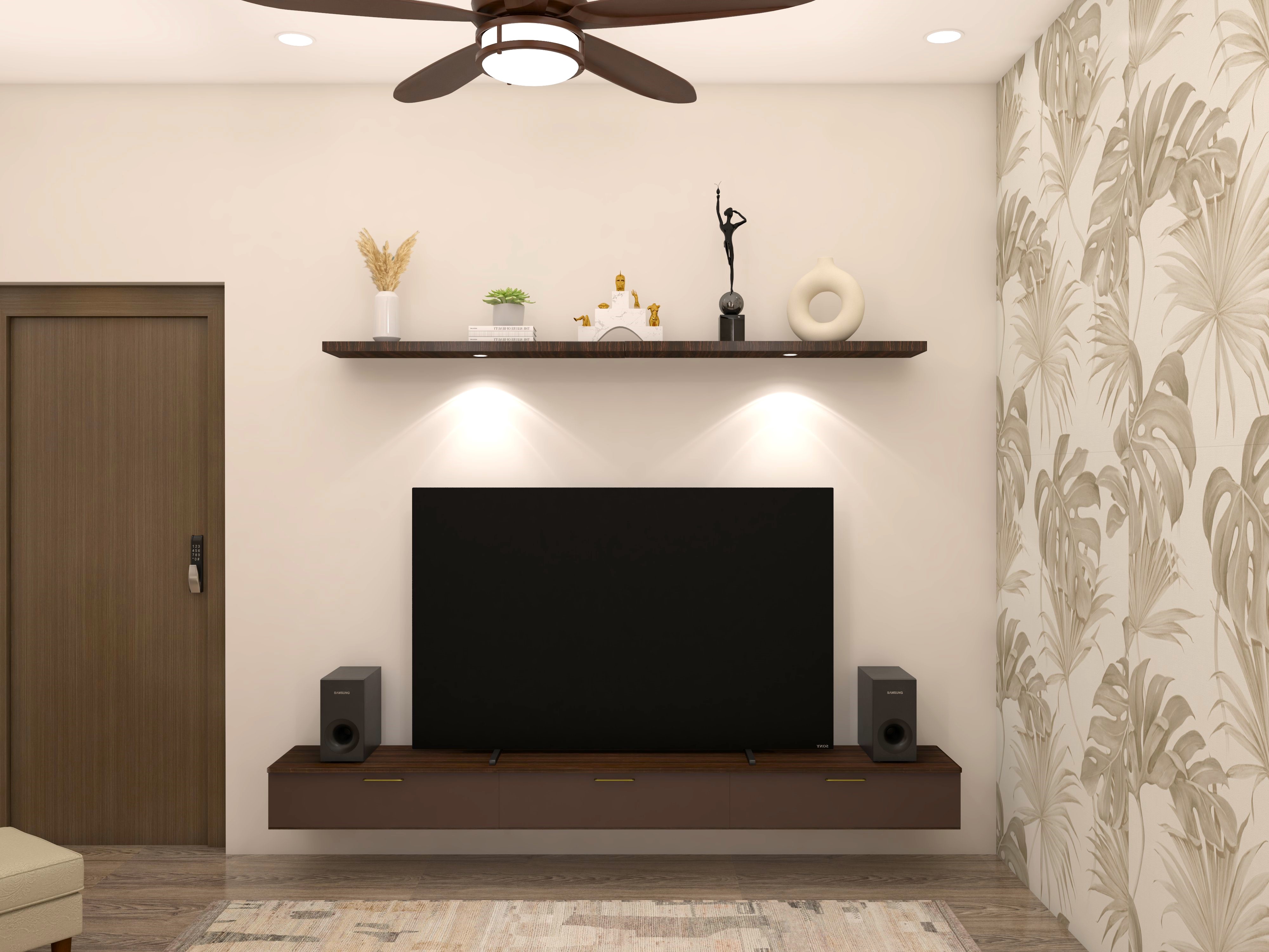 Wall mounted wooden TV unit with floating shelf-Beautiful Homes