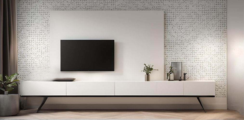 All white TV unit with metal legs and wallpaper - Beautiful Homes