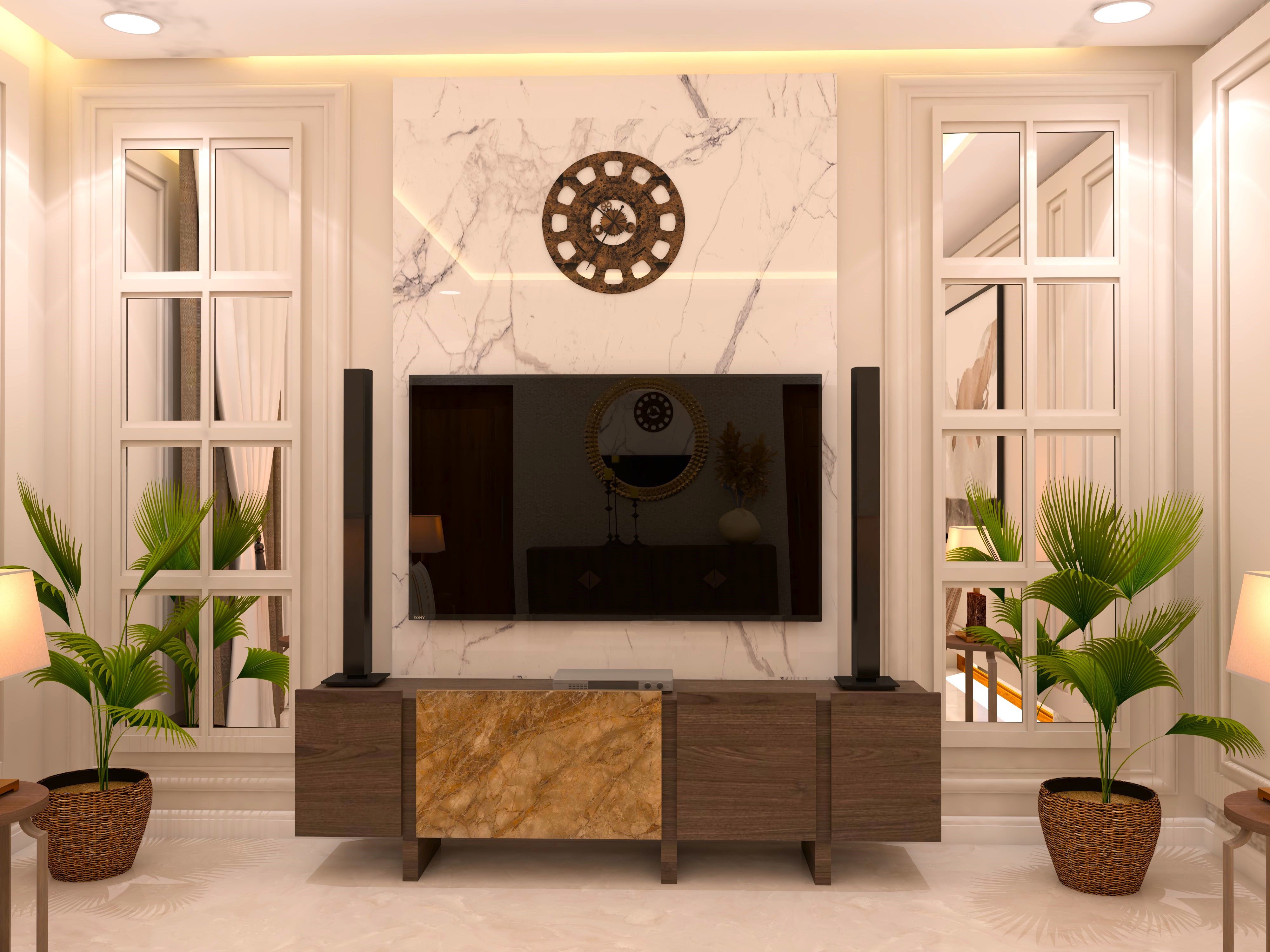 TV unit with white marble wall cladding-Beautiful Homes
