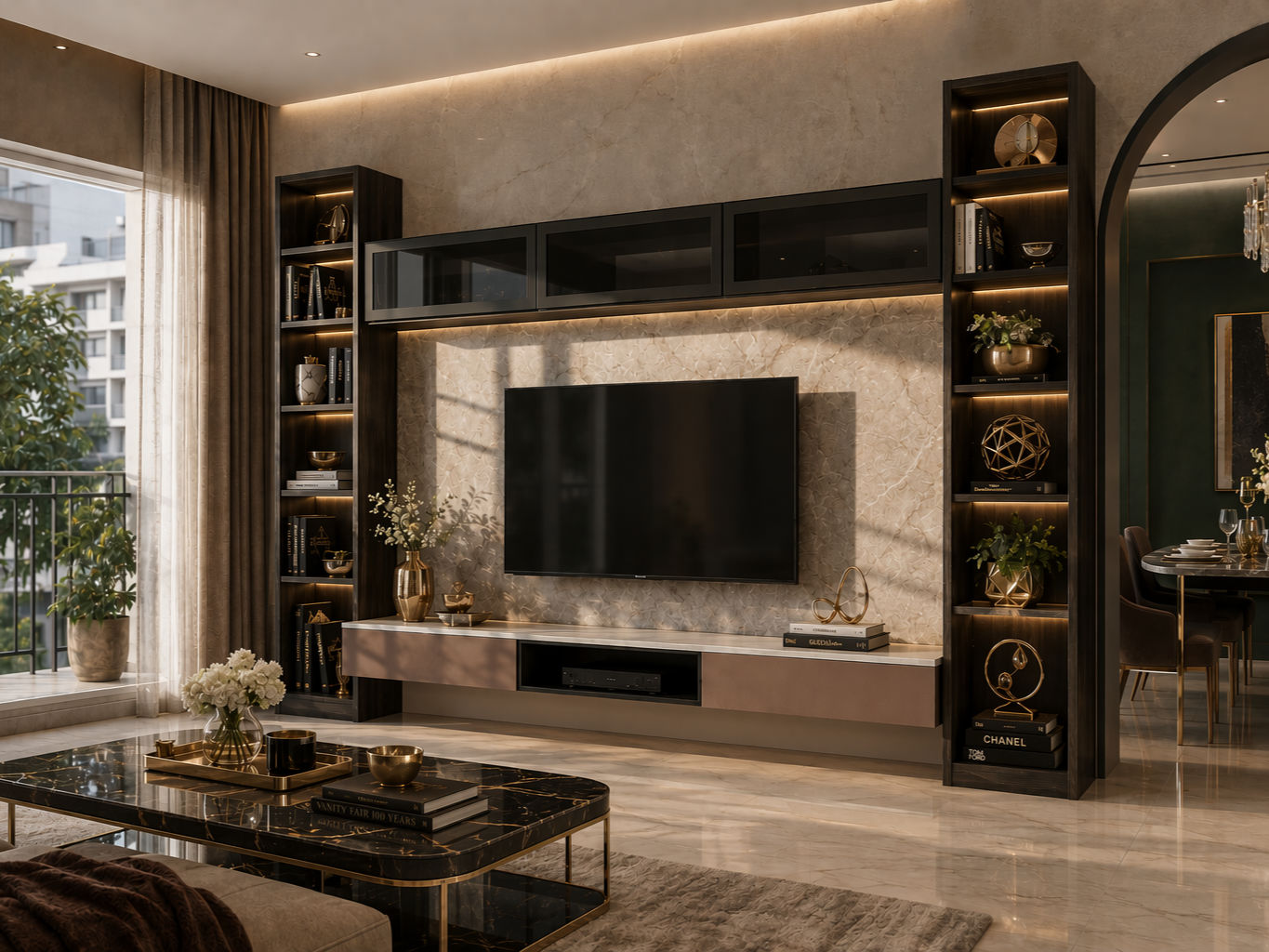 Modern TV unit with a beige marble-look back panel, floating taupe console, overhead cabinets, and dark wood display shelves - Beautiful Homes