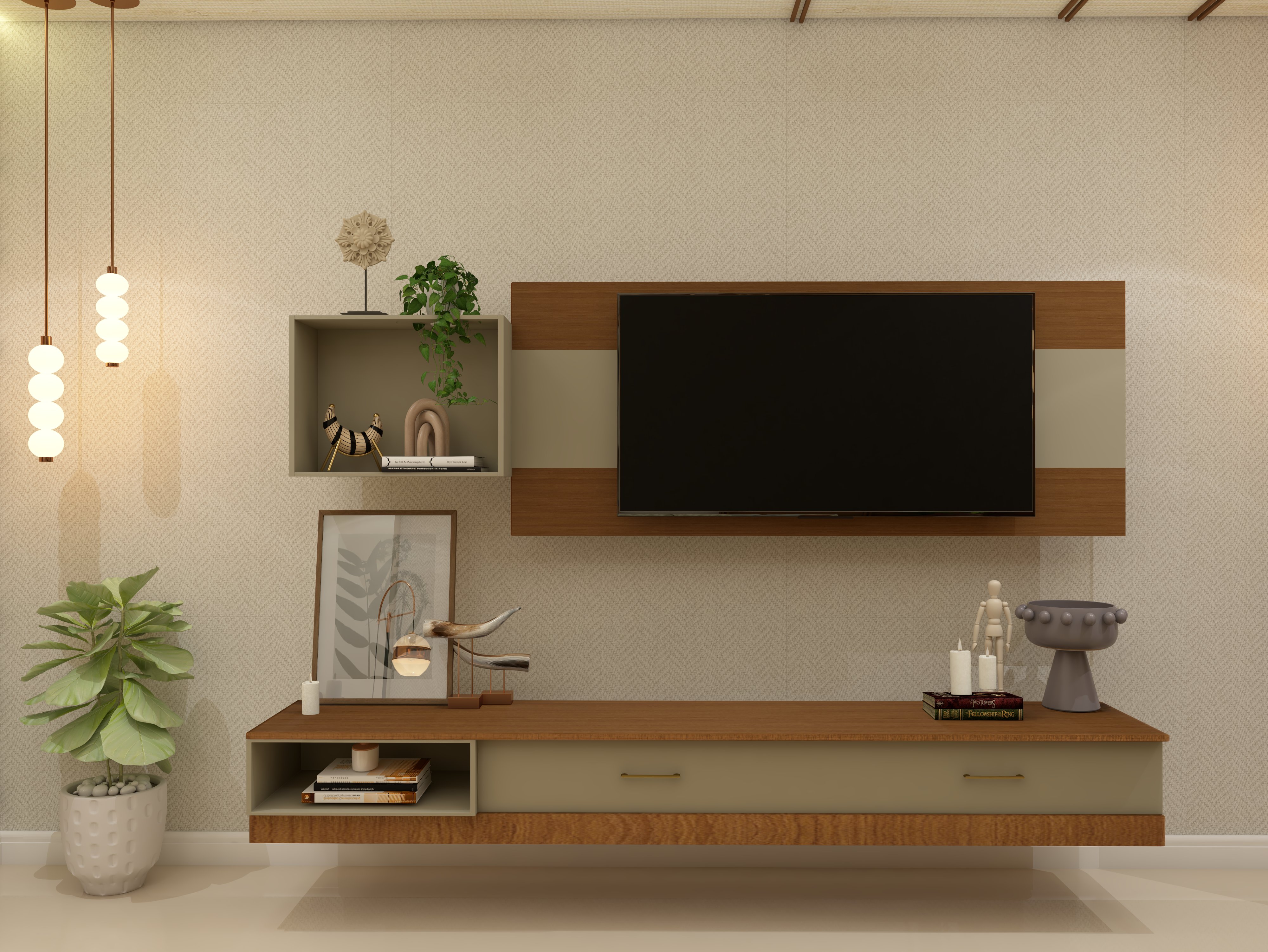 Asian Paints form fitted TV unit with textured wallpaper - Beautiful Homes