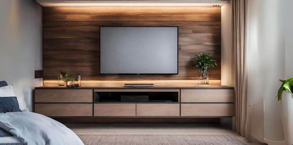 Bedroom tv unit with wooden wall panels and lights-Beautiful Homes