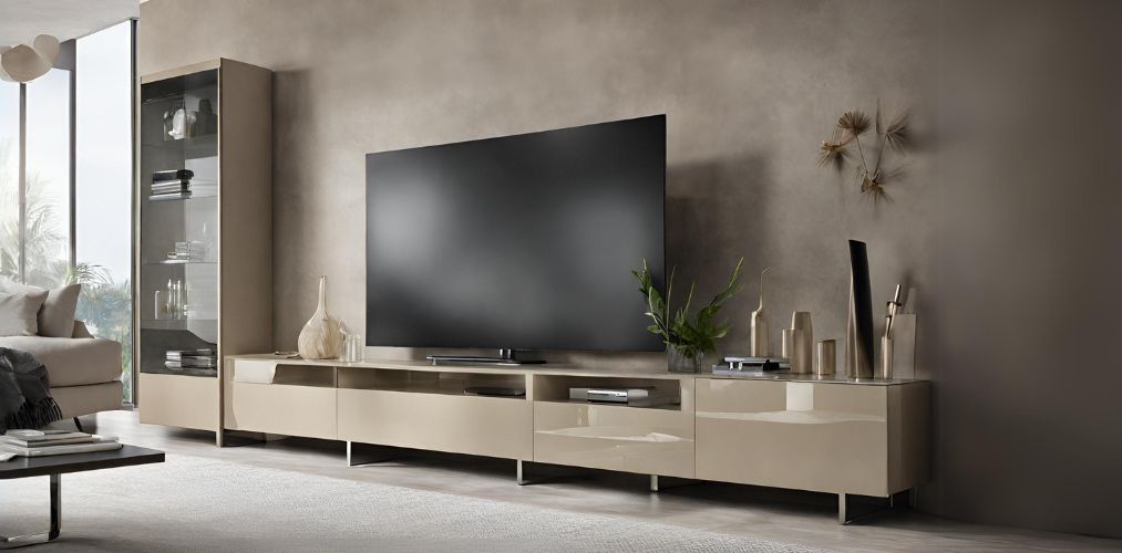 Beige TV unit with glass front cabinets - Beautiful Homes