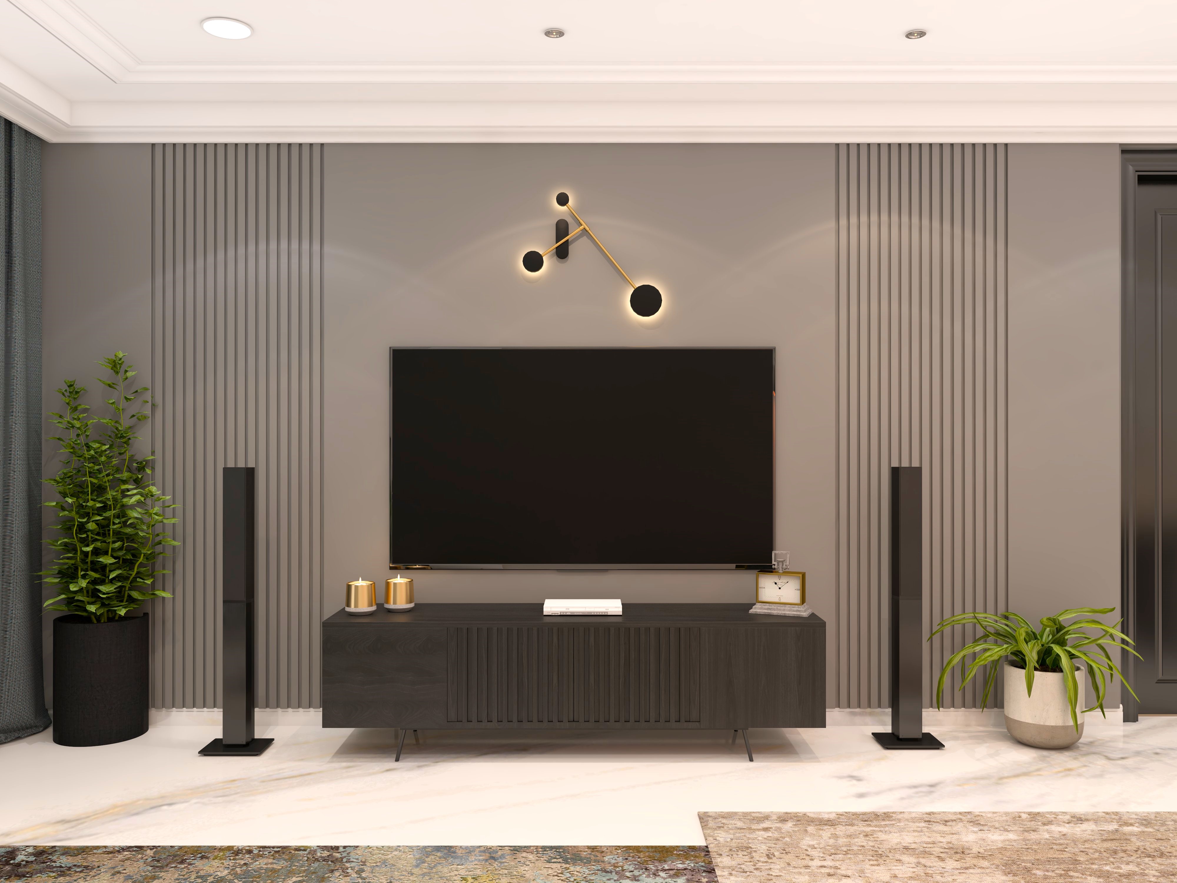 Black TV unit with metal legs and grey wall paneling-Beautiful Homes