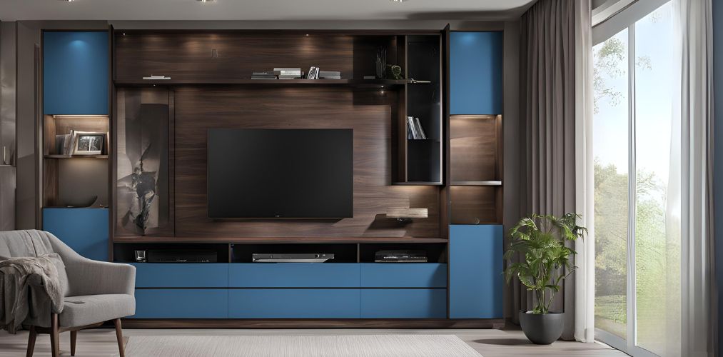 Blue and dark wood TV unit with cabinet storage - Beautiful Homes