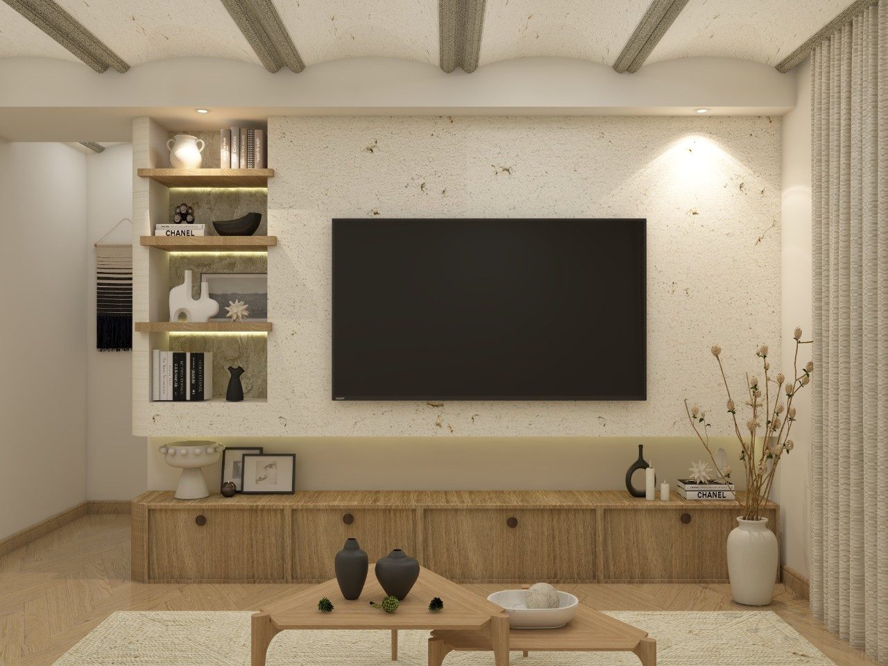 Bohemian TV Unit with Asian Paints Textured Wall Paint and Wooden Floor Mounted Drawer Storage - Beautiful Homes