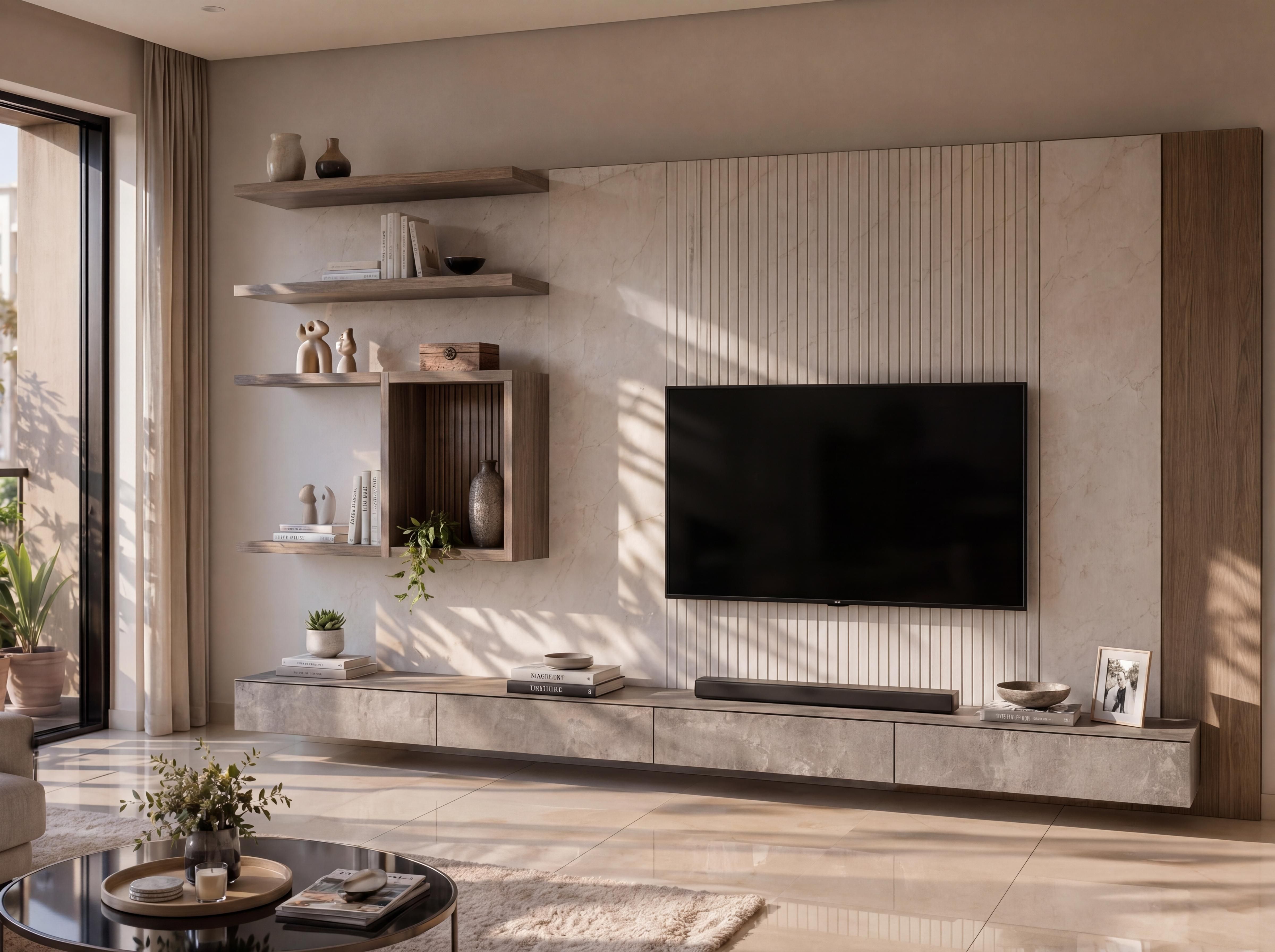 Contemporary living room TV unit with beige fluted wall panels, floating stone-look console, warm wood shelving, and marble-effect accents - Beautiful Homes