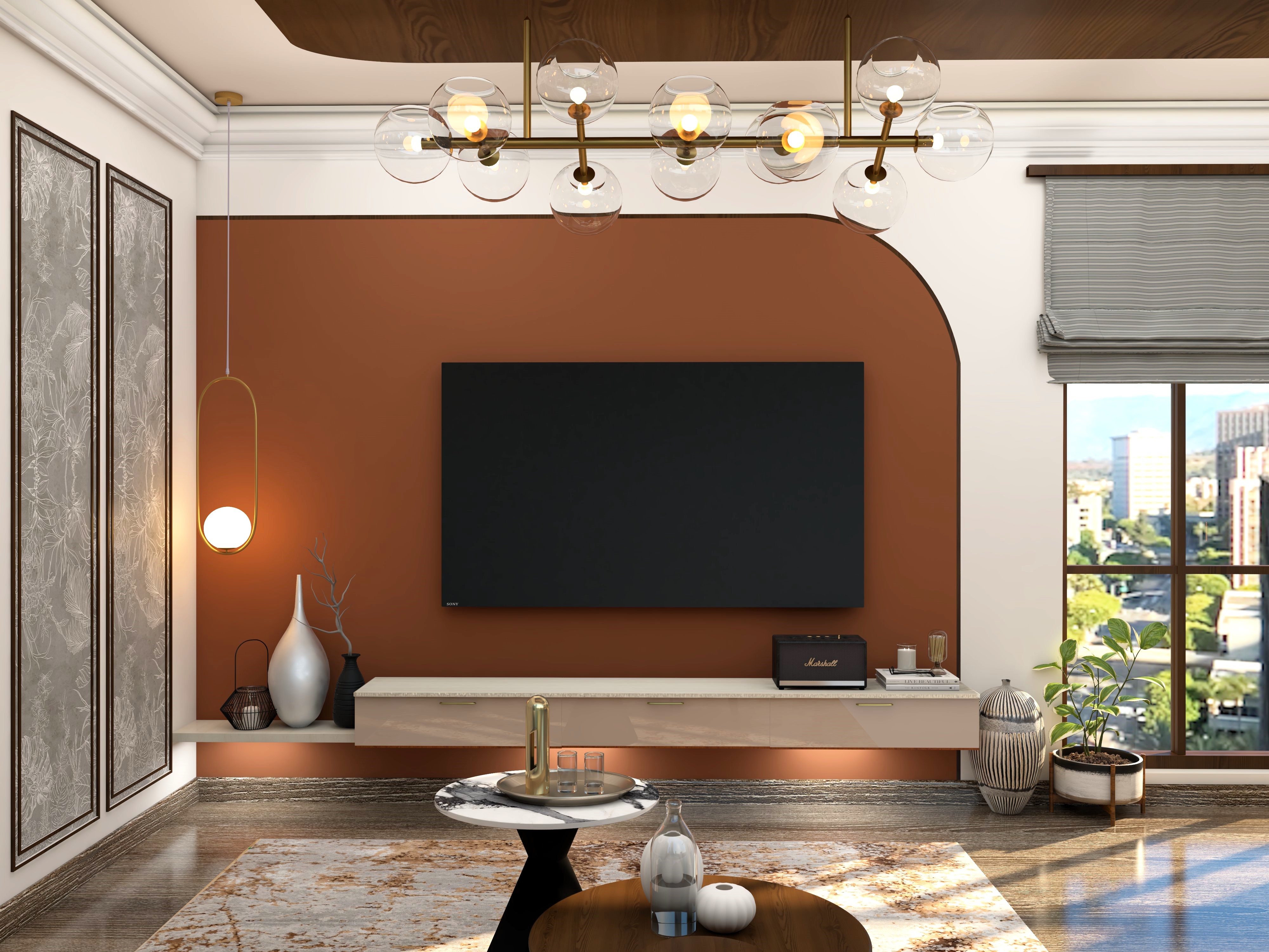 Brown painted TV unit wall with hanging lights-Beautiful Homes