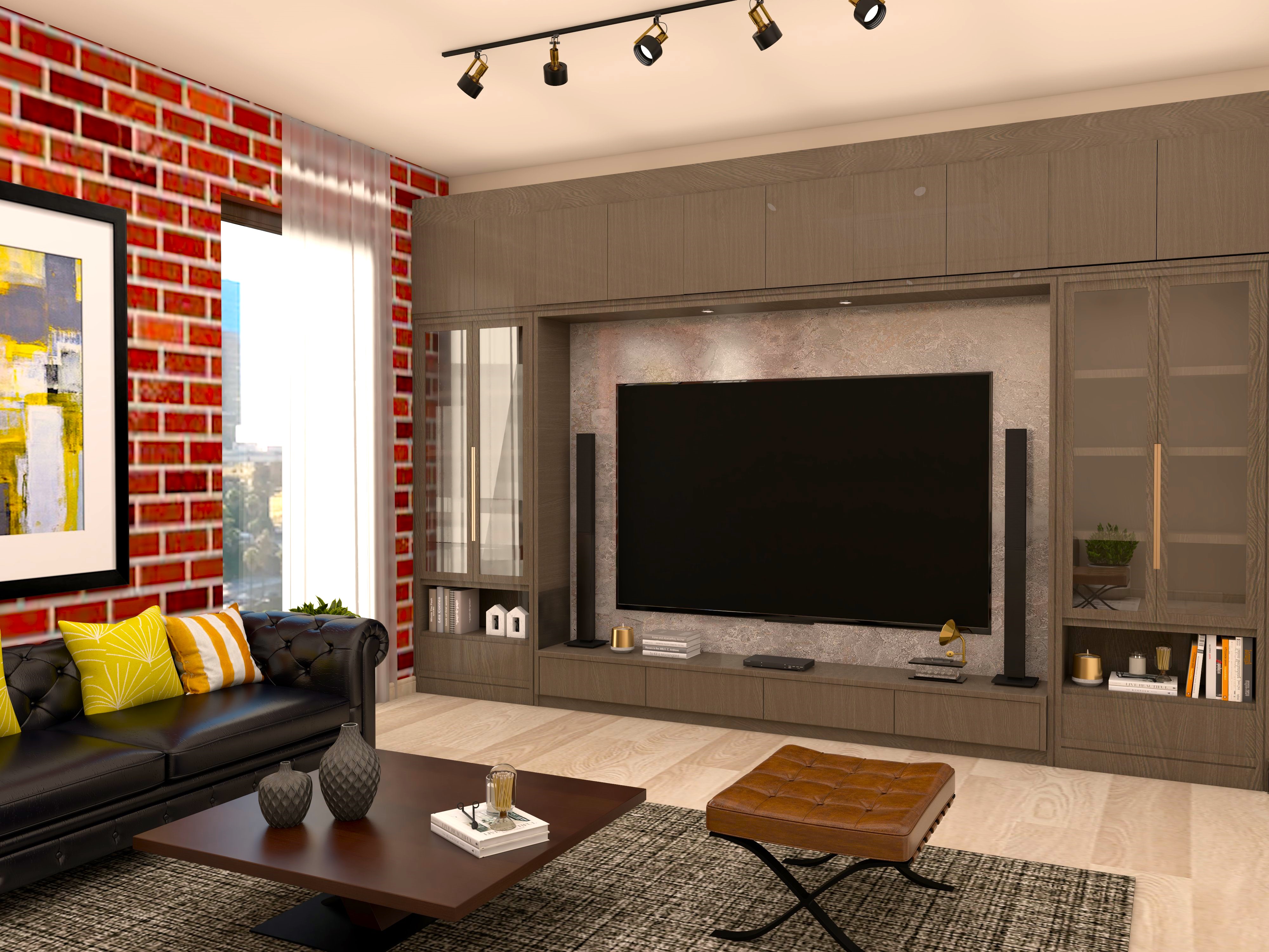 Brown TV unit design with cupboards and drawers-Beautiful Homes