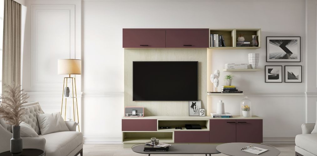 Brown TV unit with led and wall paneling-Beautiful Homes