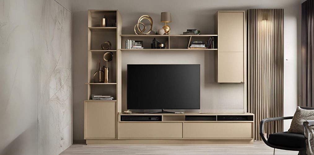 Champagne toned floor-mounted TV unit with drawers and shelves - Beautiful Homes