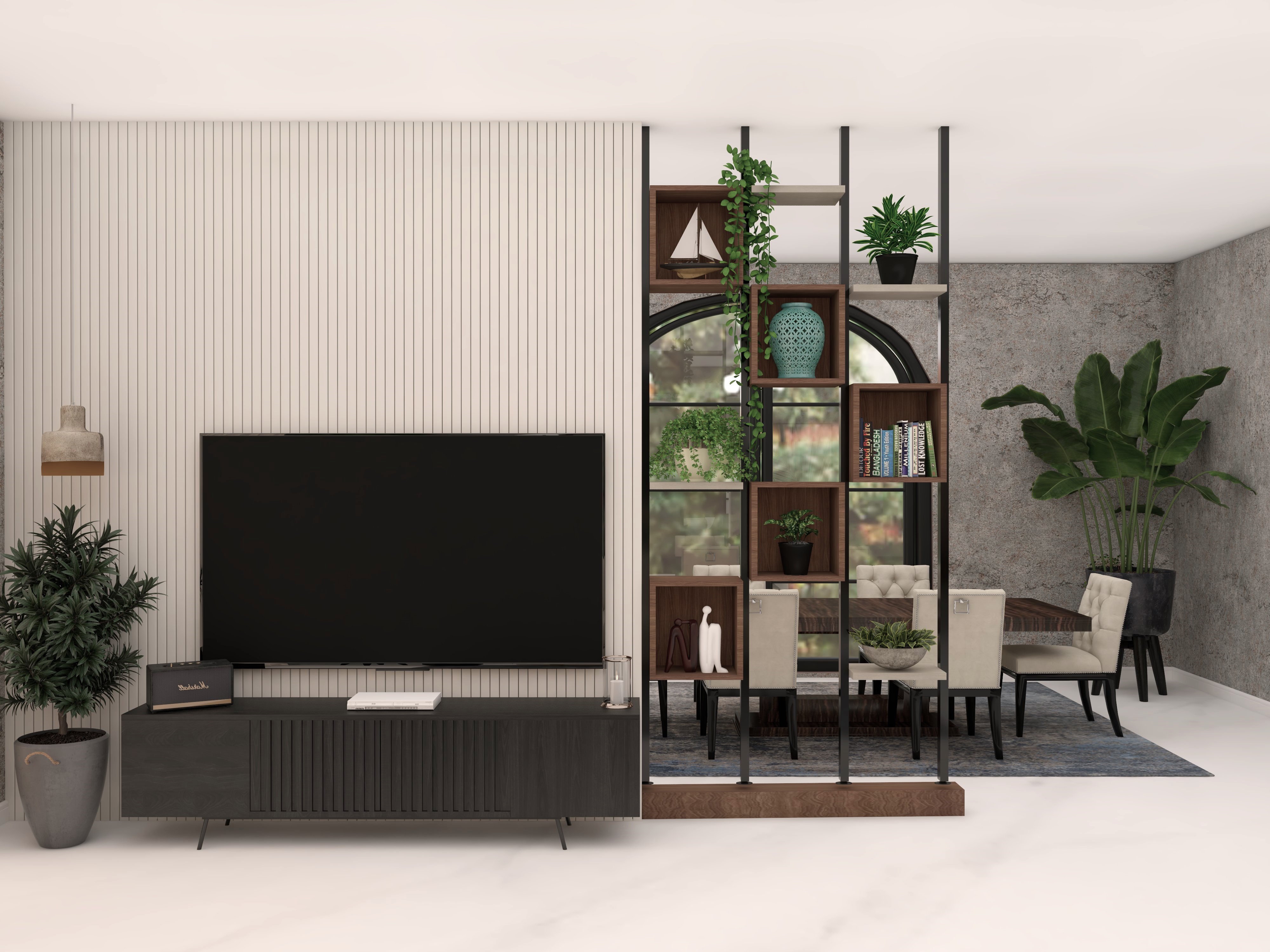 Living room with TV unit, partition, and dining area - Beautiful Homes
