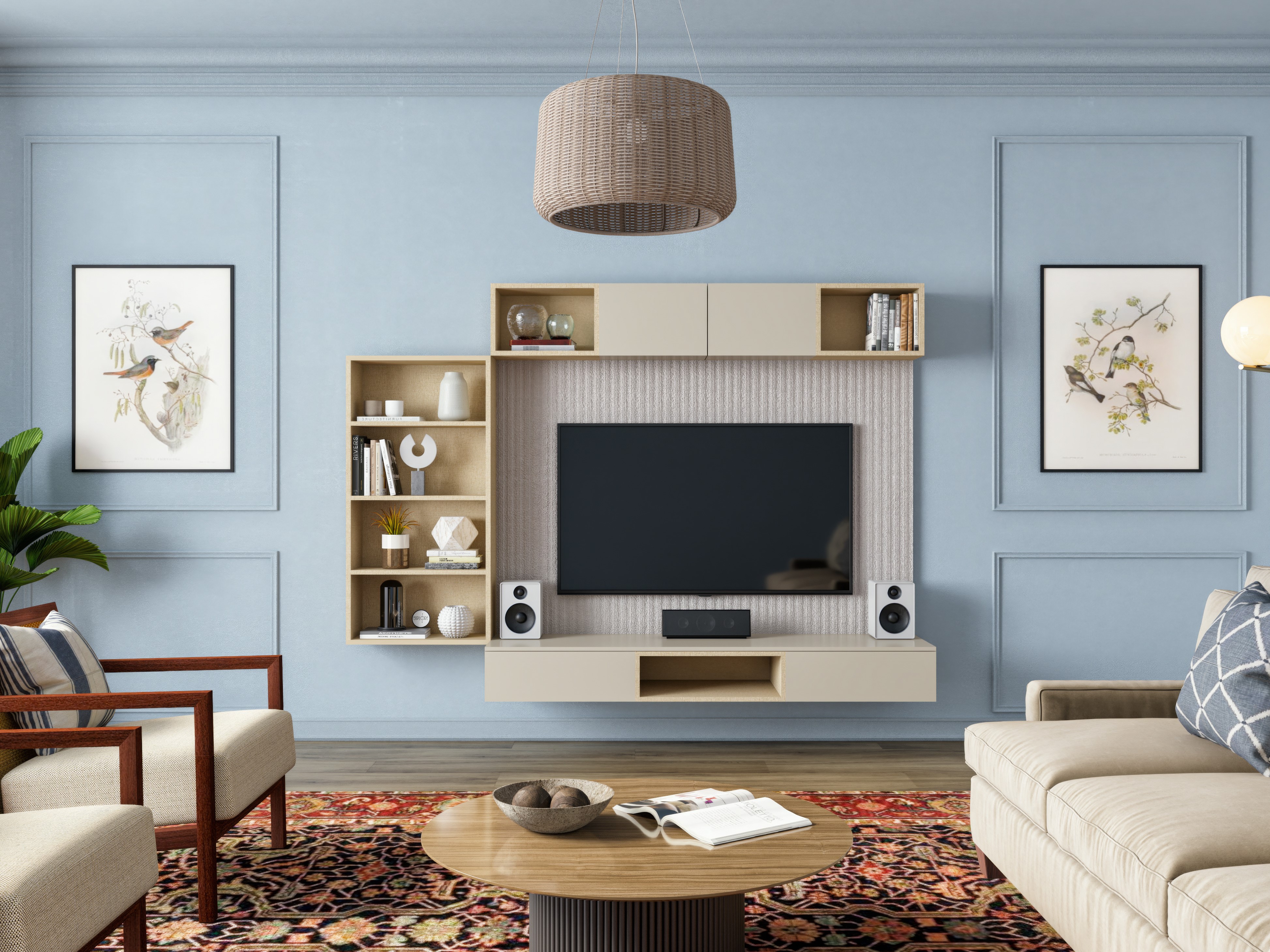 Modern TV unit with décor and pastel blue wall - Beautiful Homes