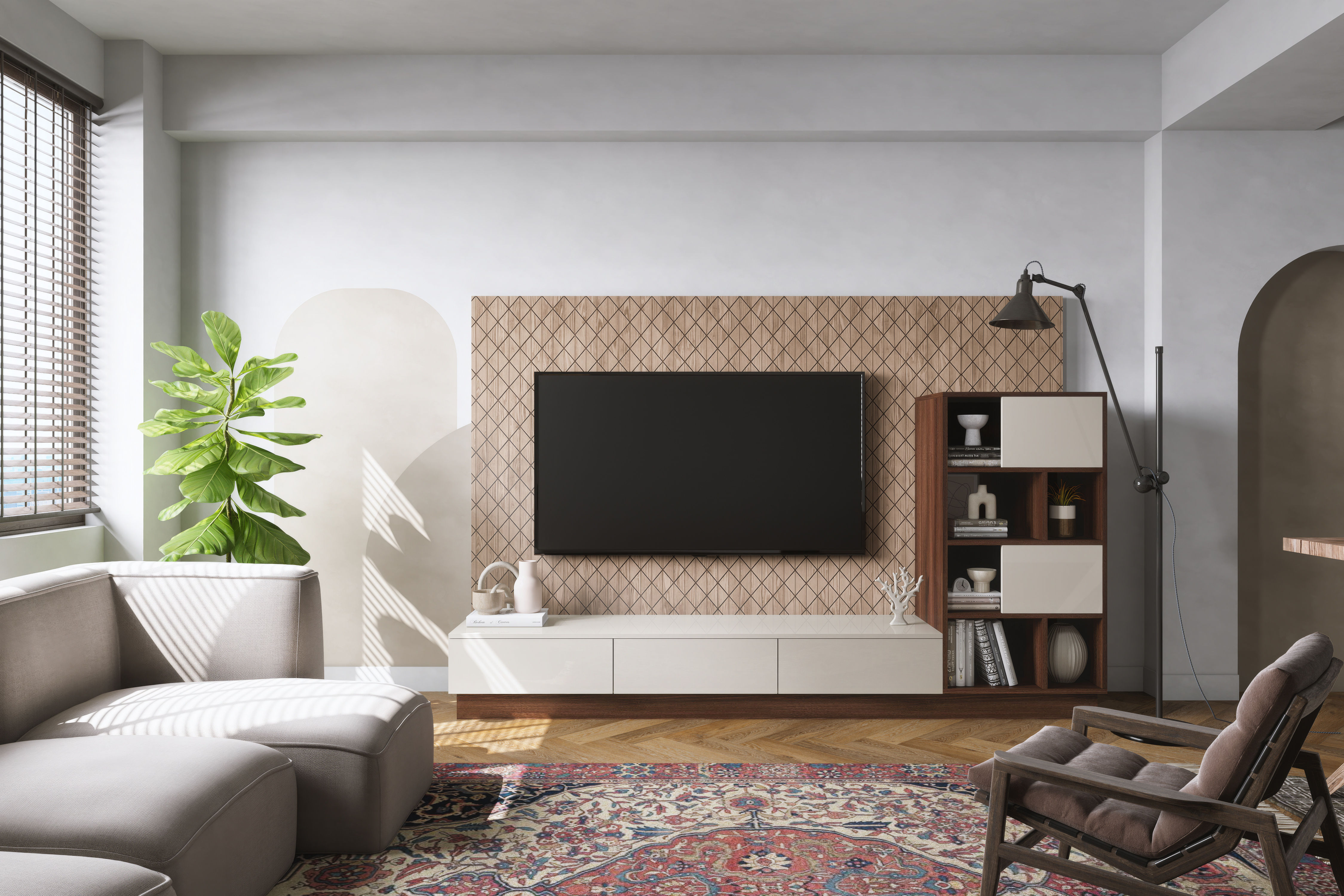 TV unit with diamond-patterned wooden paneling, white console, and decorative accents - Beautiful Homes