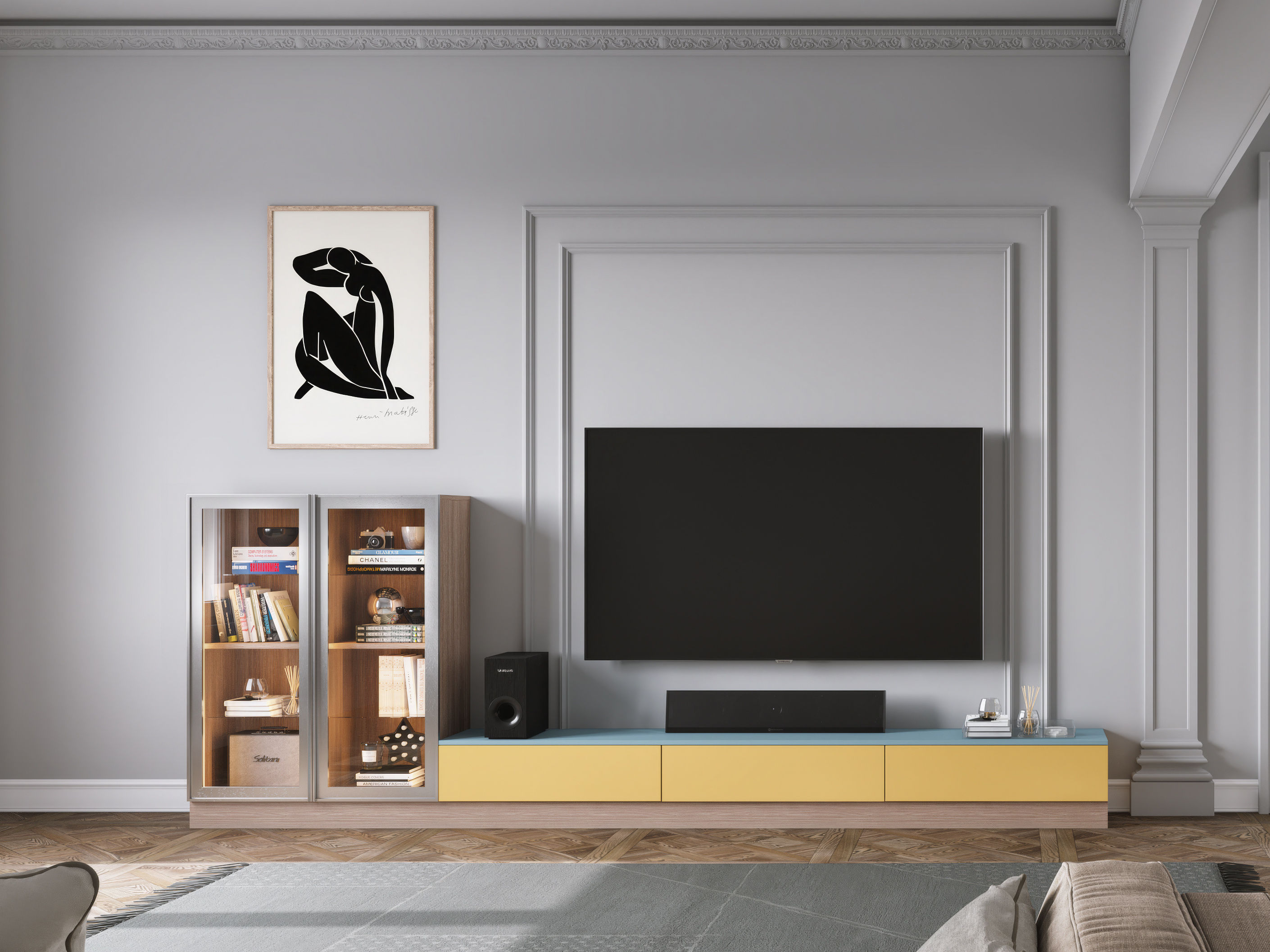 Contemporary living room featuring a yellow media console, wall-mounted TV, and curated display cabinet - Beautiful Homes