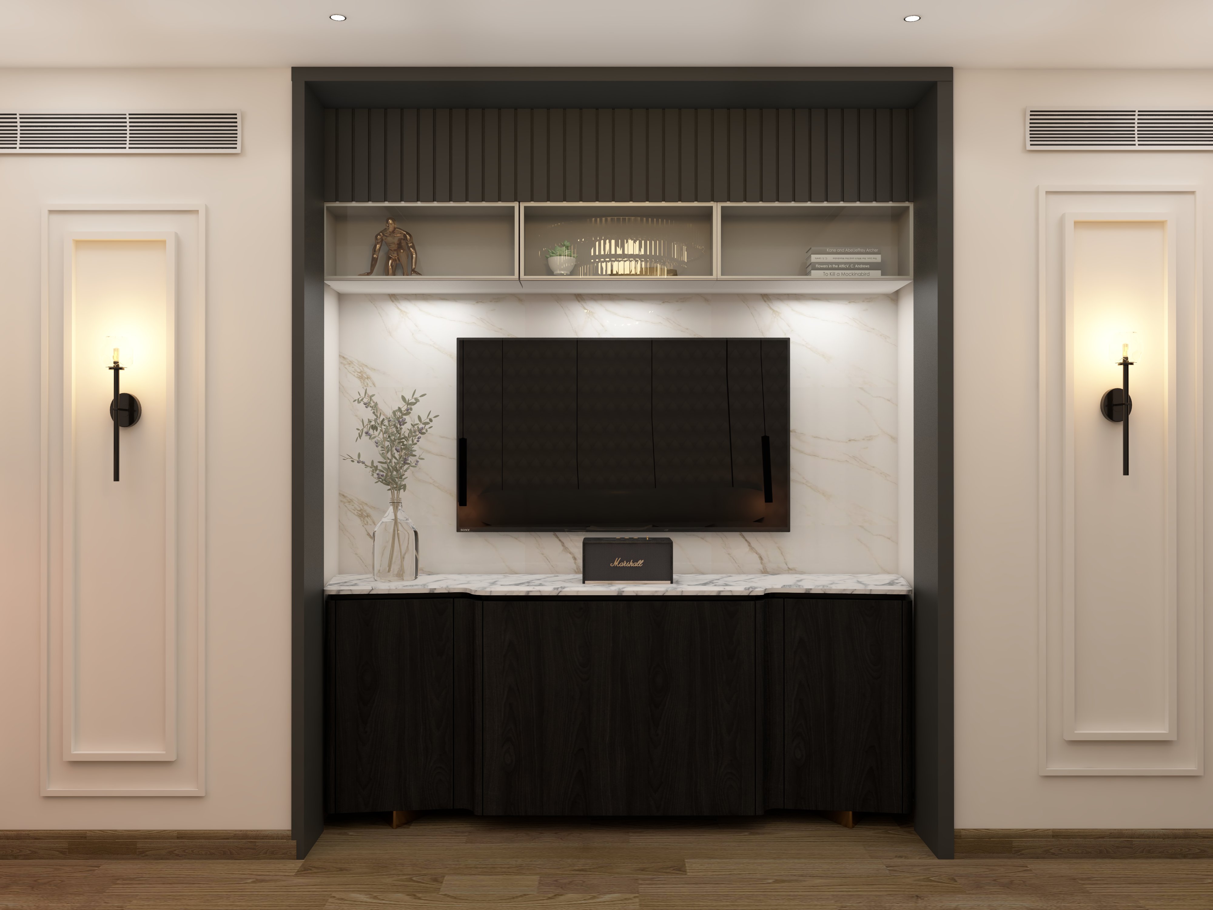 Elegant wall-mounted TV unit with marble background - Beautiful Homes