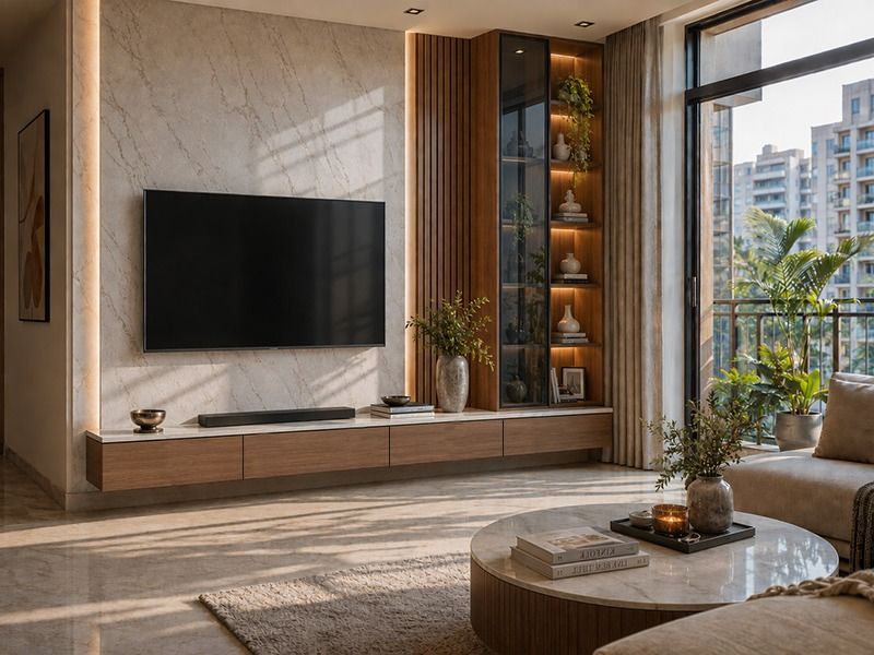 TV unit with a light marble-look feature wall, floating wood console, vertical slatted detailing, and illuminated display shelving - Beautiful Homes