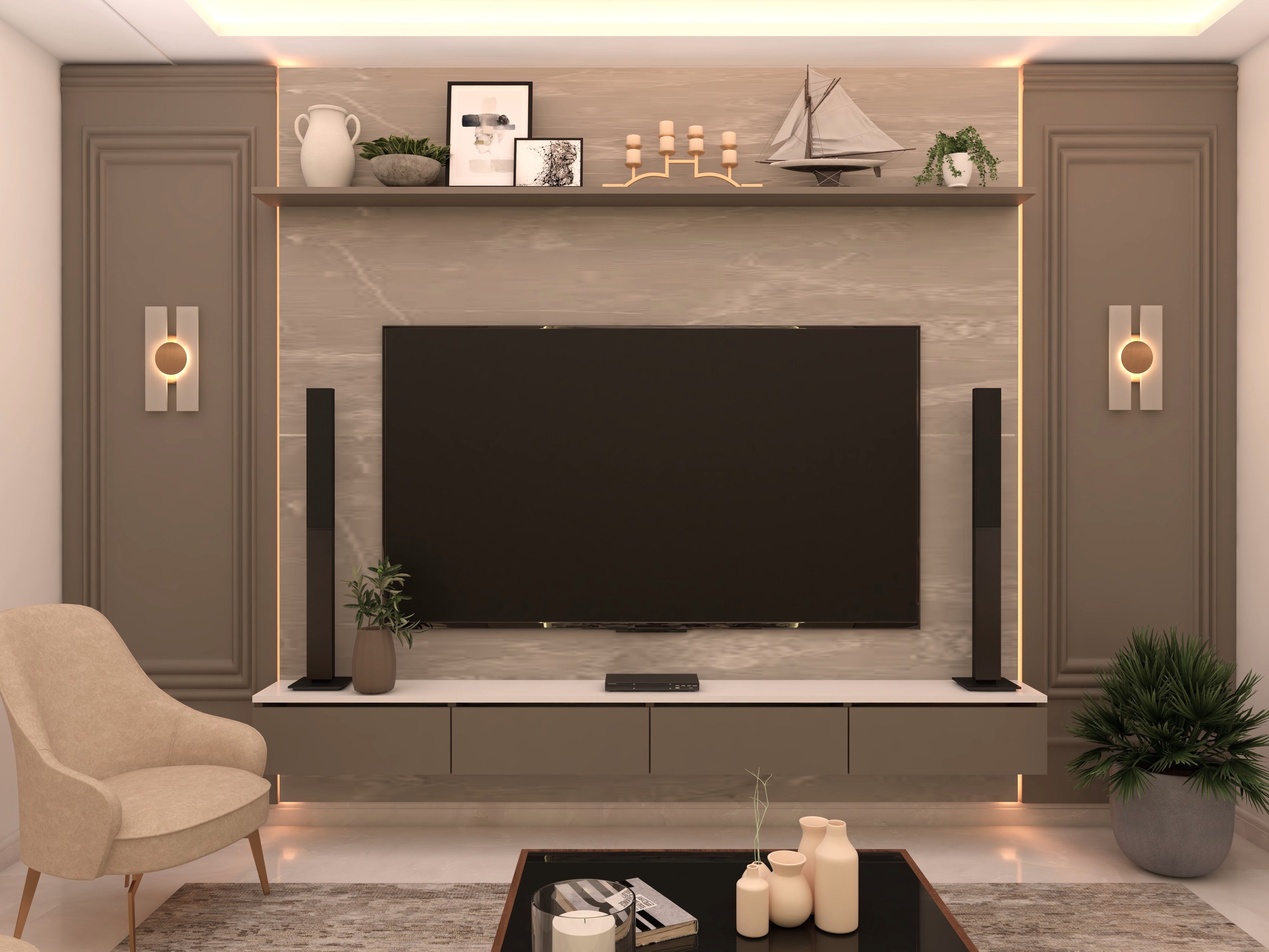 Contemporary TV unit featuring a marble-patterned wall, floating console, and ambient lighting - Beautiful Homes