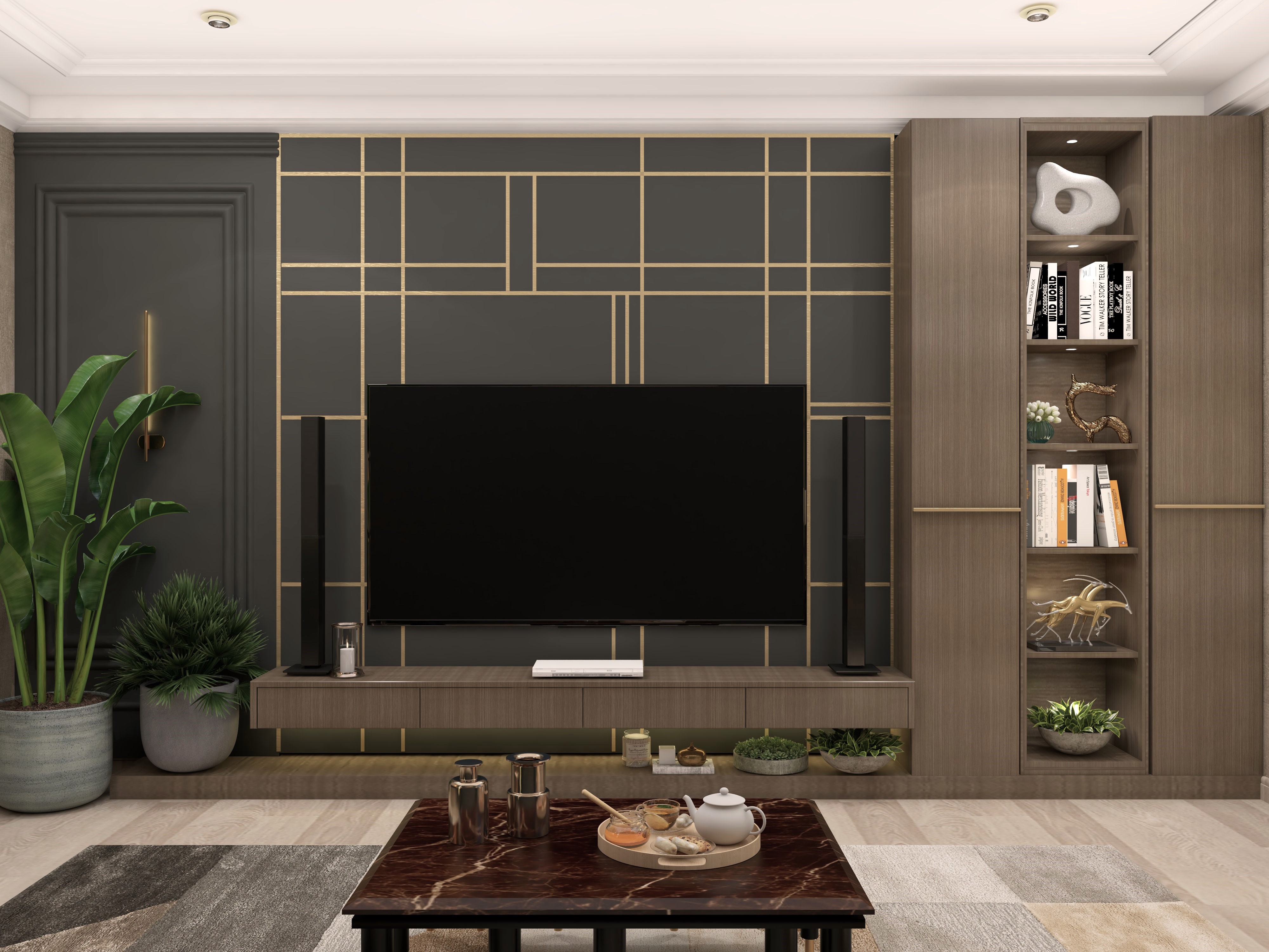 Classic Contemporary TV Unit with Wall Storage and Grey Wall Panel with Gold Metal Inlay - Beautiful Homes