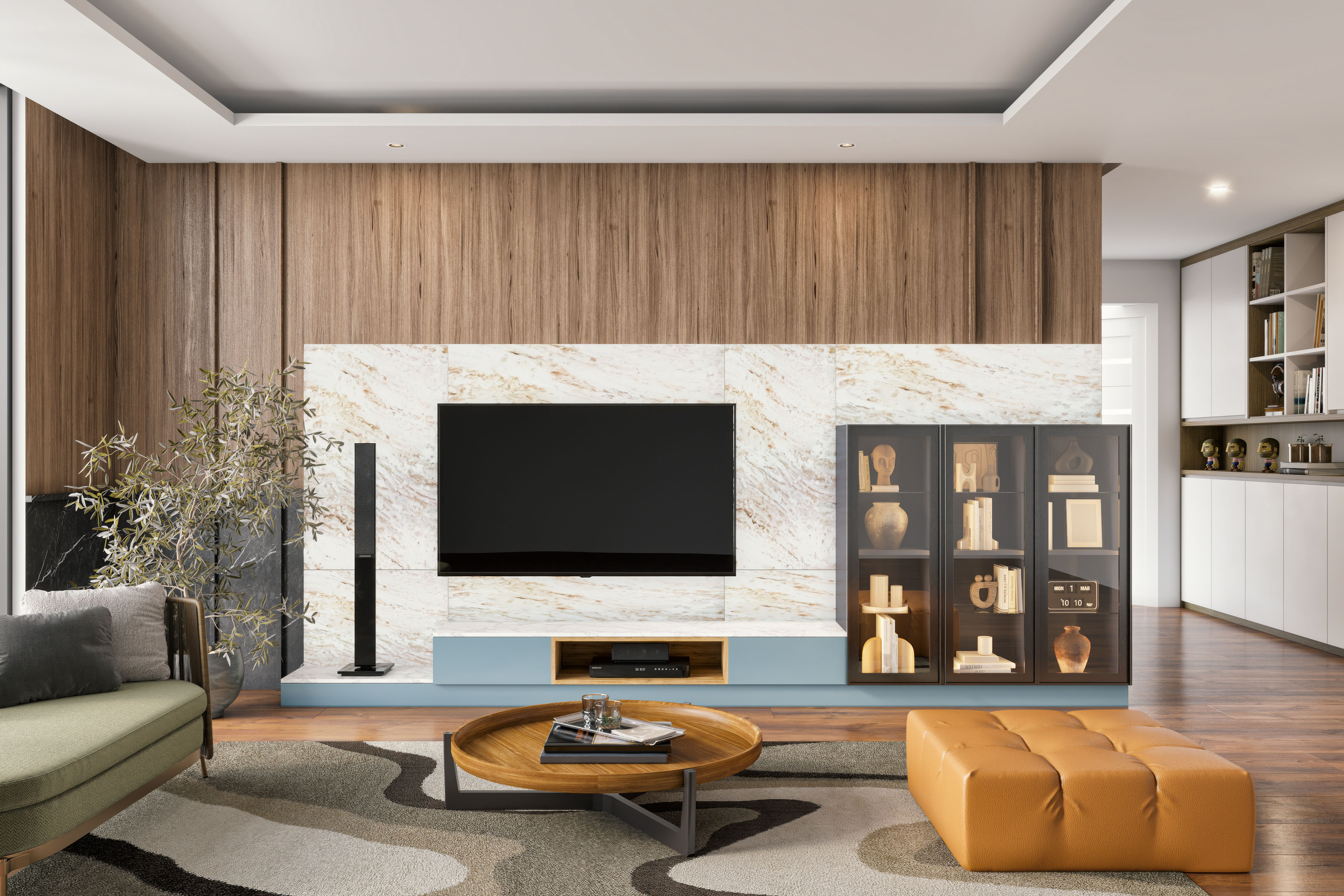 Luxurious TV unit featuring a marble backdrop, glass display cabinet, and integrated lighting - Beautiful Homes