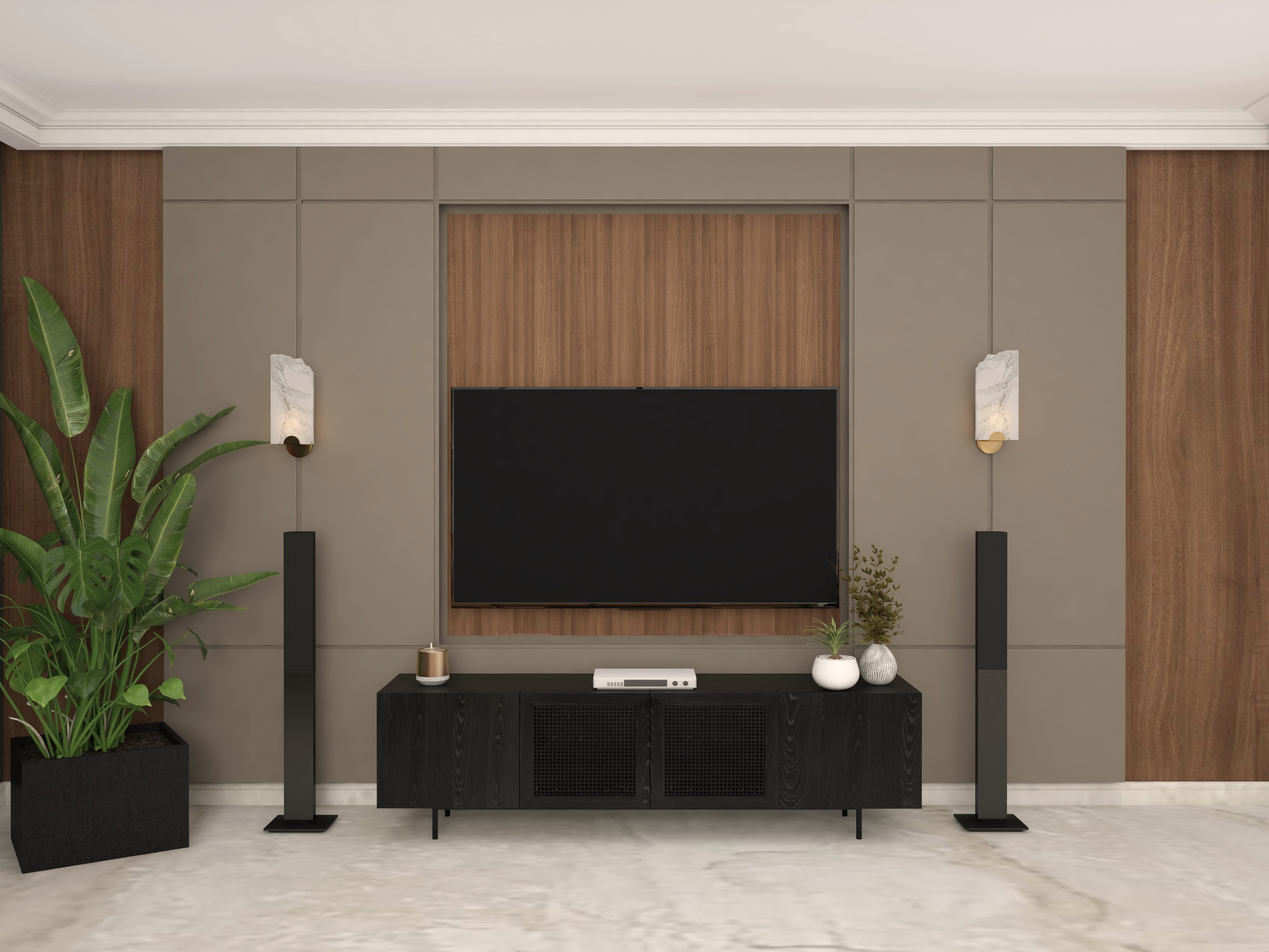 Modern TV unit with wooden panel and black cabinet - Beautiful Homes