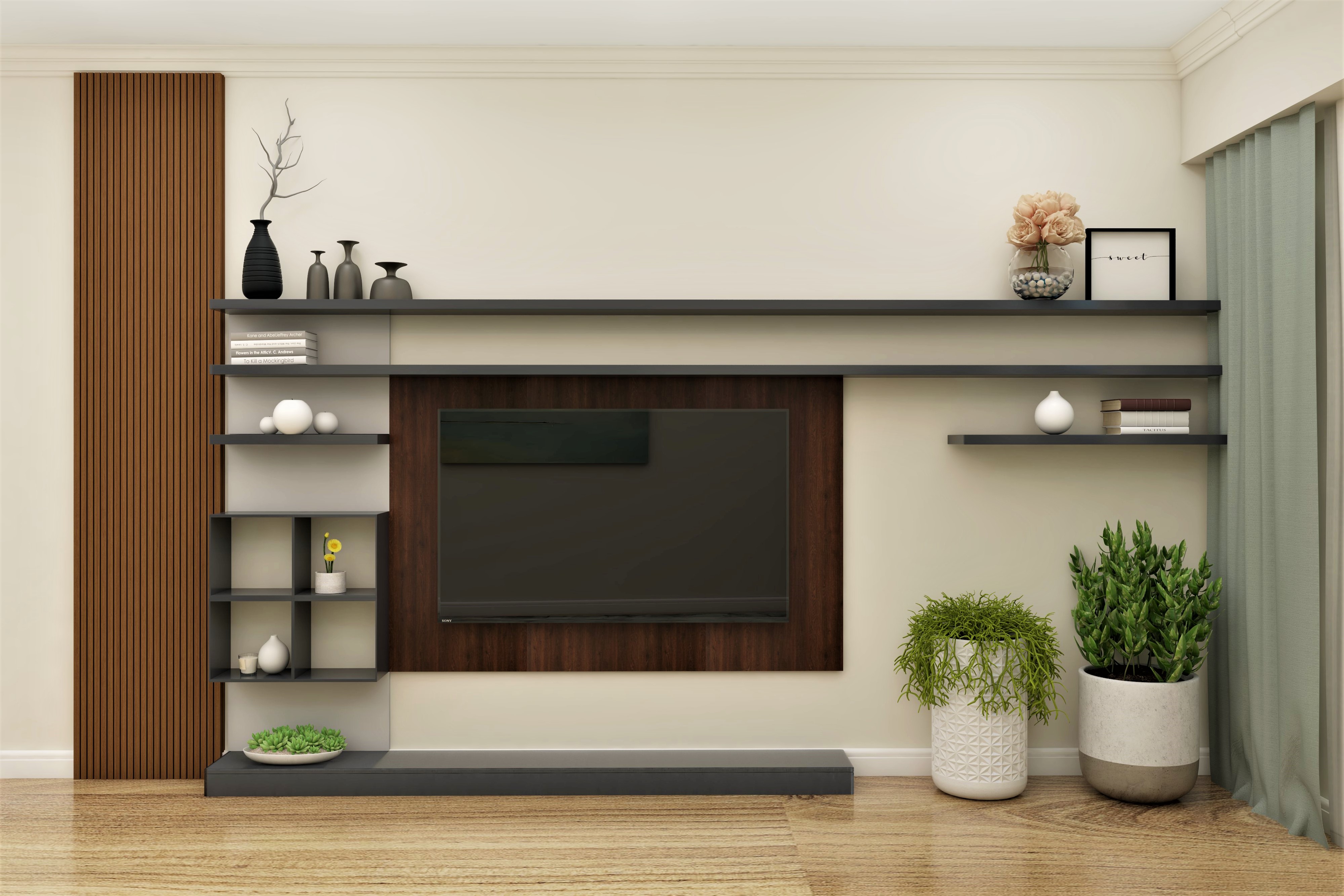 Living room with tv showcase and grey shelves-Beautiful Homes