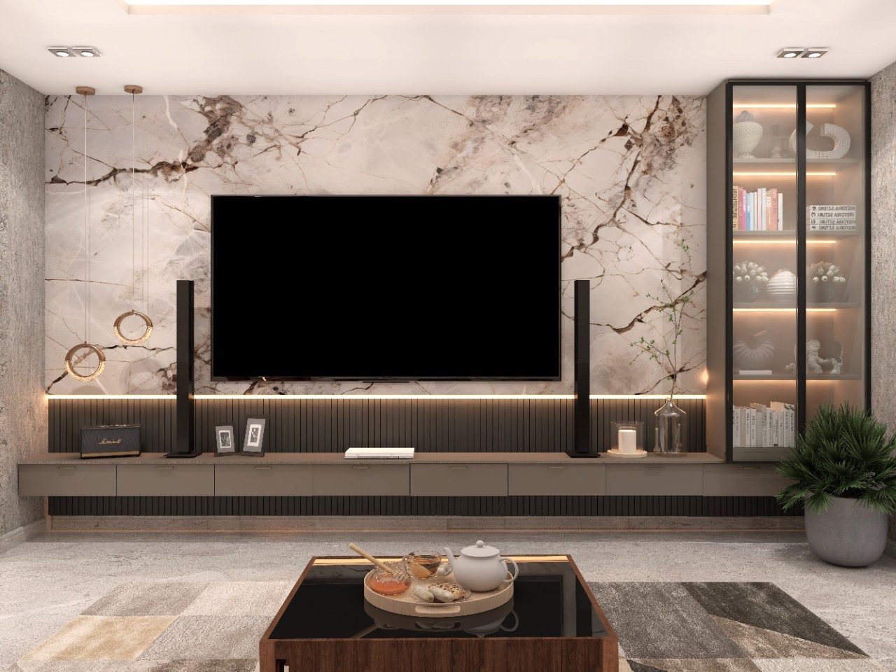 Contemporary sleek TV unit with marble back panel - Beautiful Homes