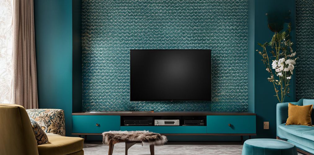 Contemporary teal TV unit with patterned wallpaper - Beautiful Homes