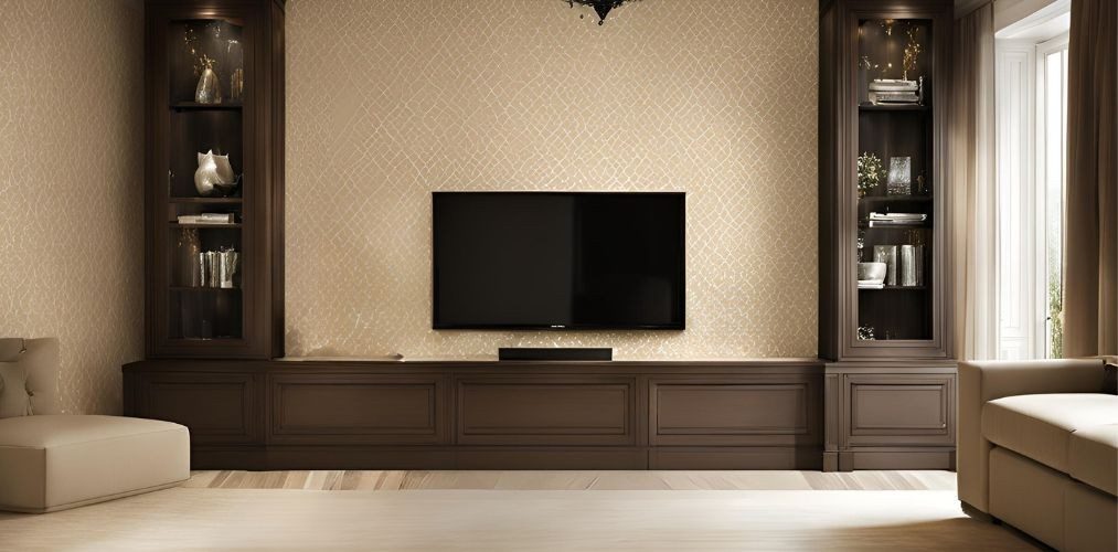 Contemporary TV unit with beige damask wallpaper - Beautiful Homes