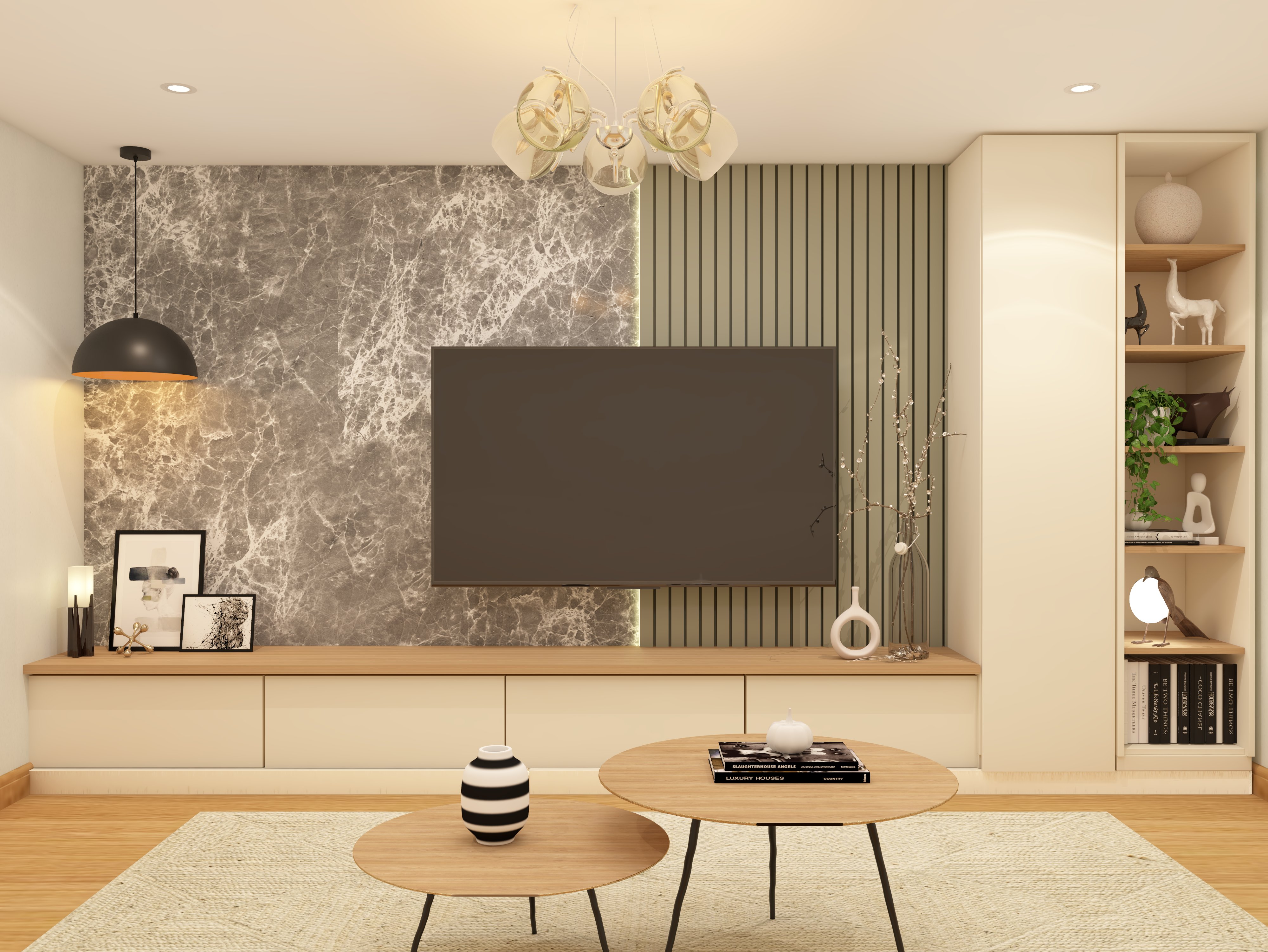 Contemporary TV unit with brown marble with white veining and white drawers - Beautiful Homes