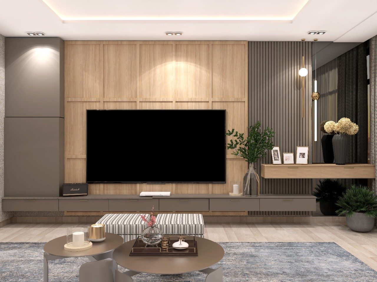 Contemporary TV unit with light wooden paneling and black tinted glass - Beautiful Homes