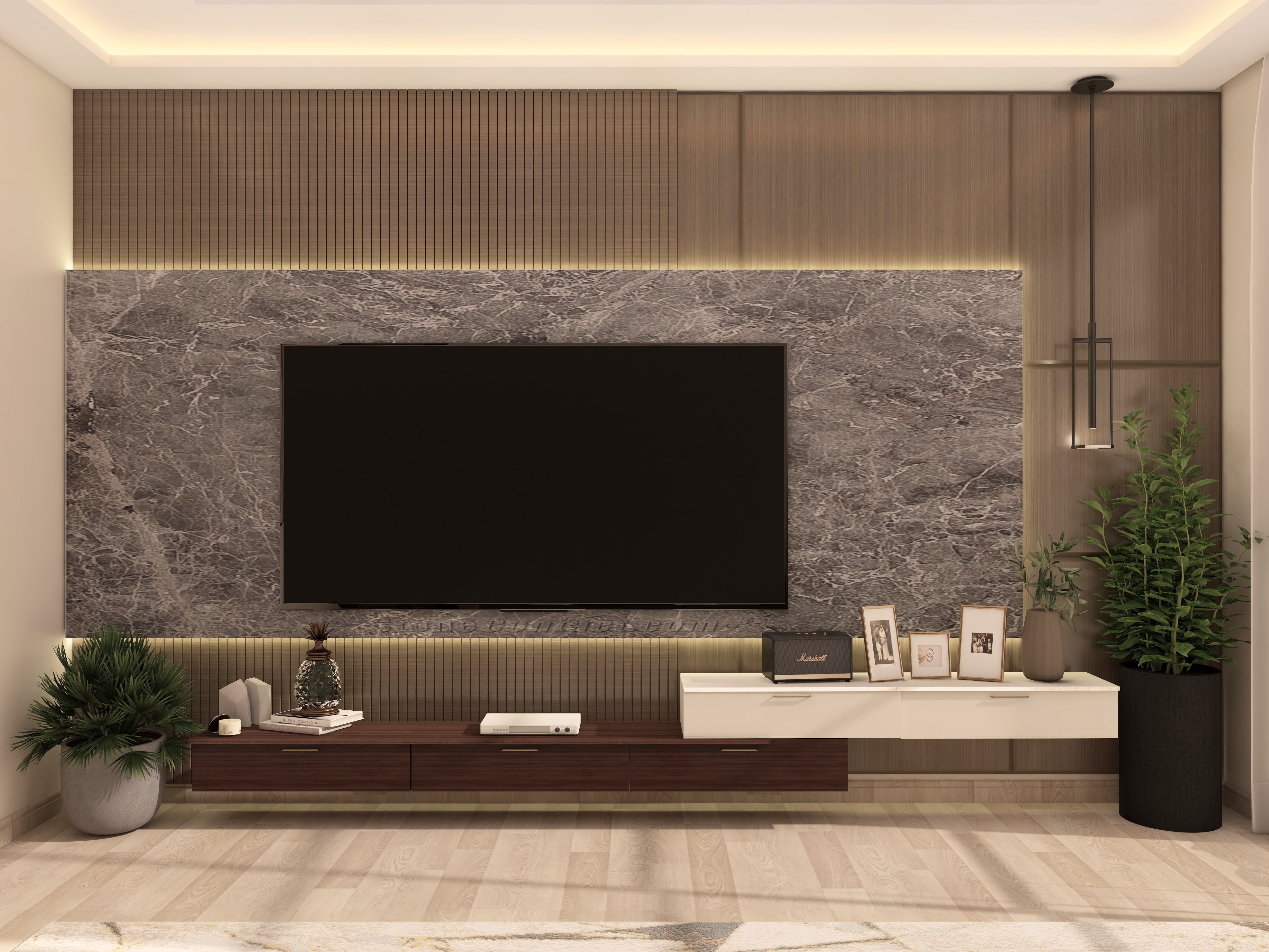 Contemporary TV unit with marble and wooden back panel - Beautiful Homes