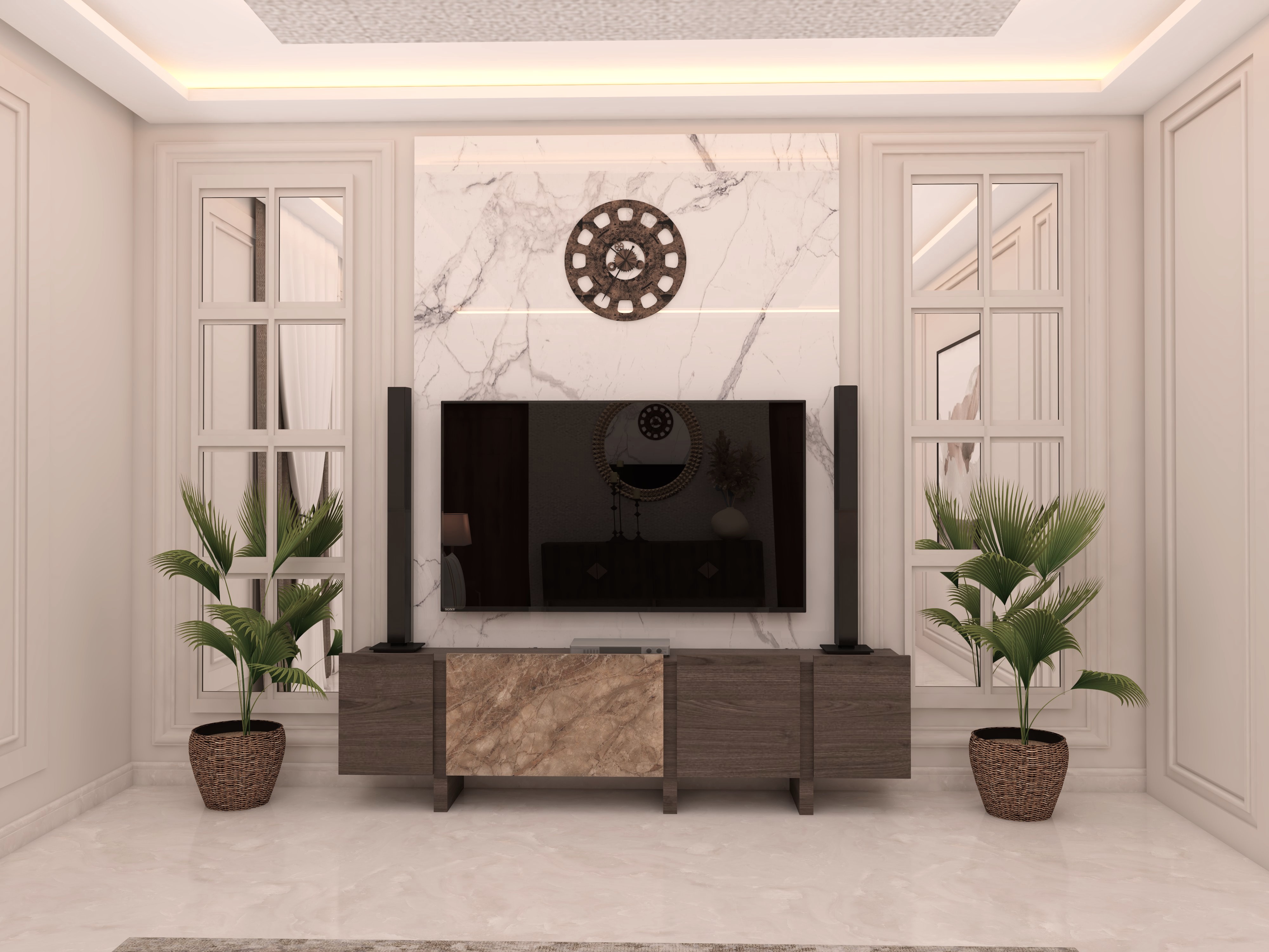 Modern TV unit with marble and wooden design - Beautiful Homes