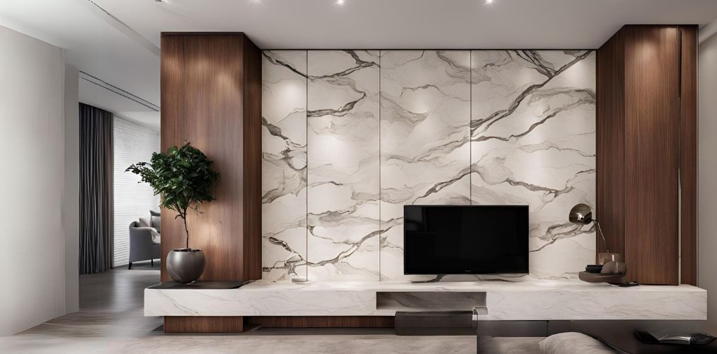 Contemporary TV unit with marble wall tile with grooves - Beautiful Homes