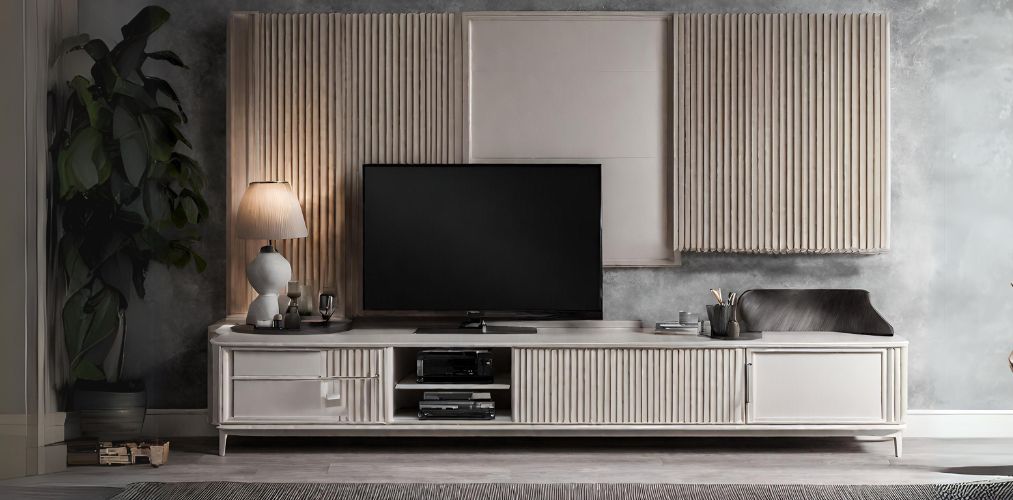Contemporary TV unit with PVC fluted panels - Beautiful Homes