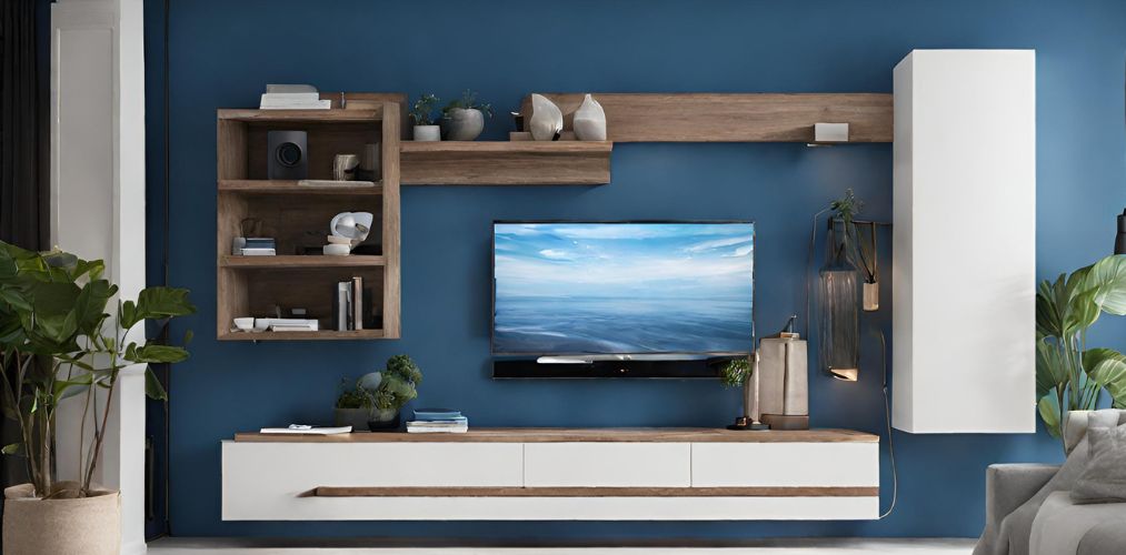 Contemporary white and wooden TV unit with blue wall-Beautiful Homes