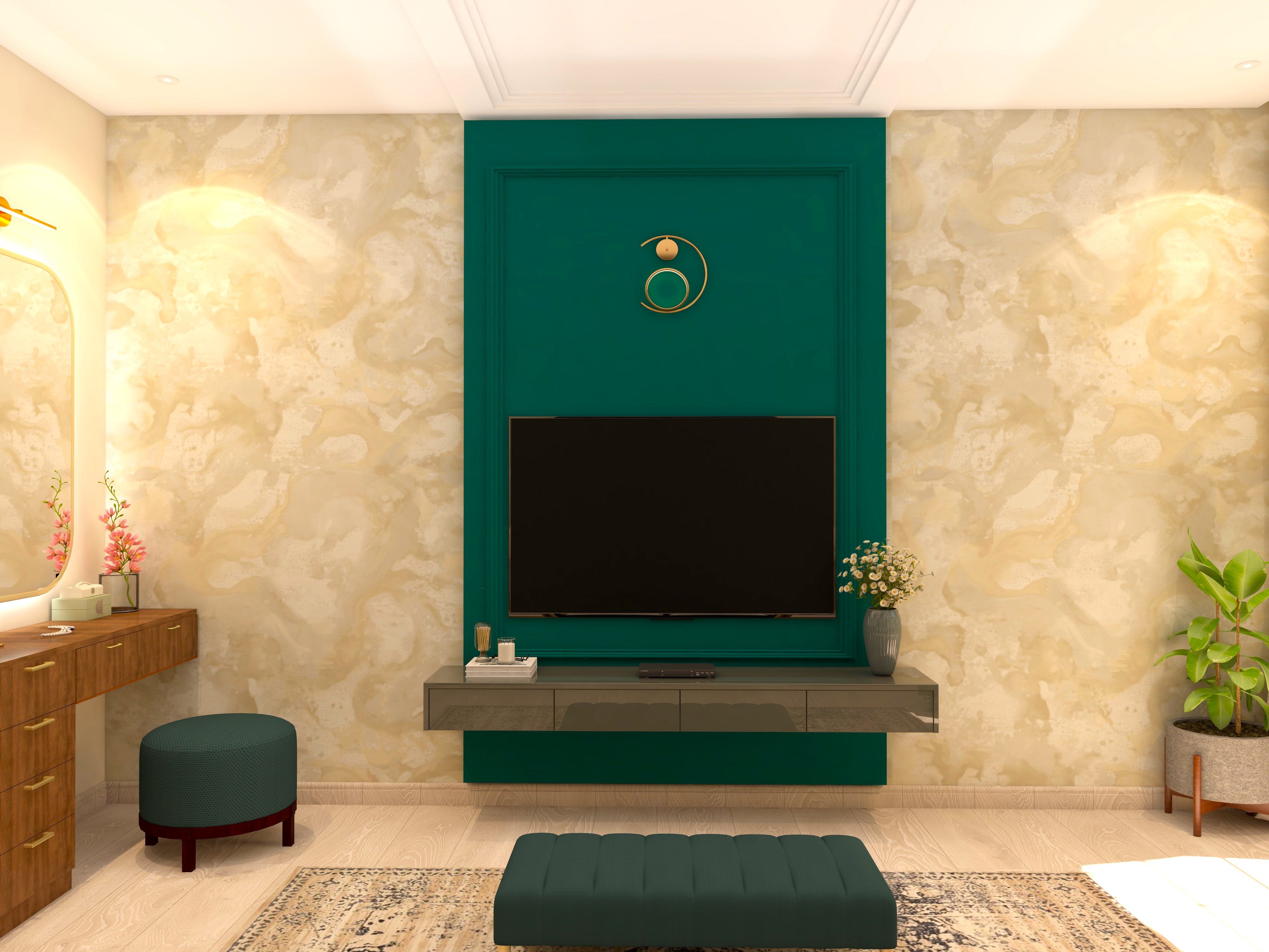 Dark green TV unit with textured wall paint-Beautiful Homes