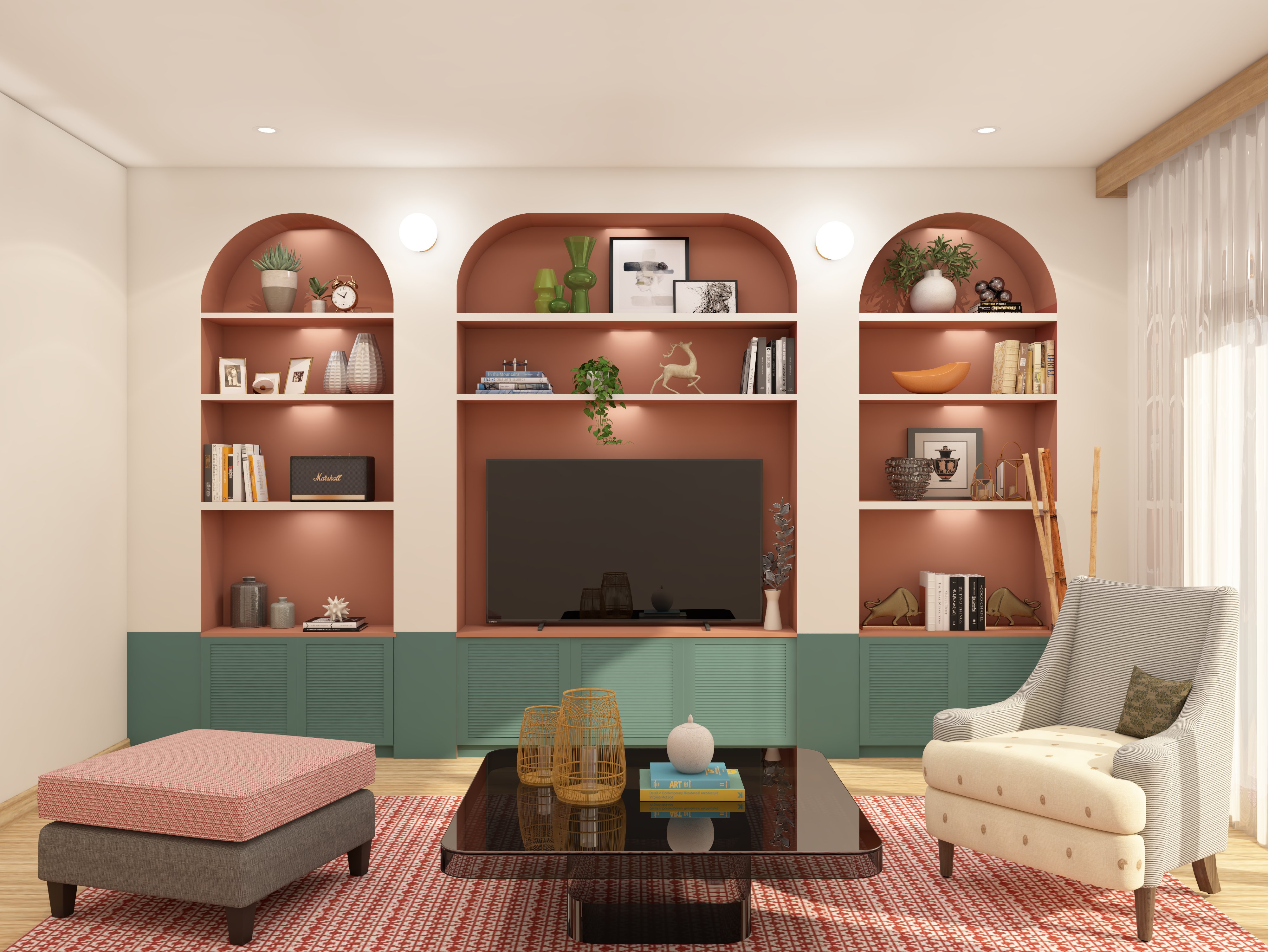 Eclectic TV unit design with arched niches and green shutter storage - Beautiful Homes