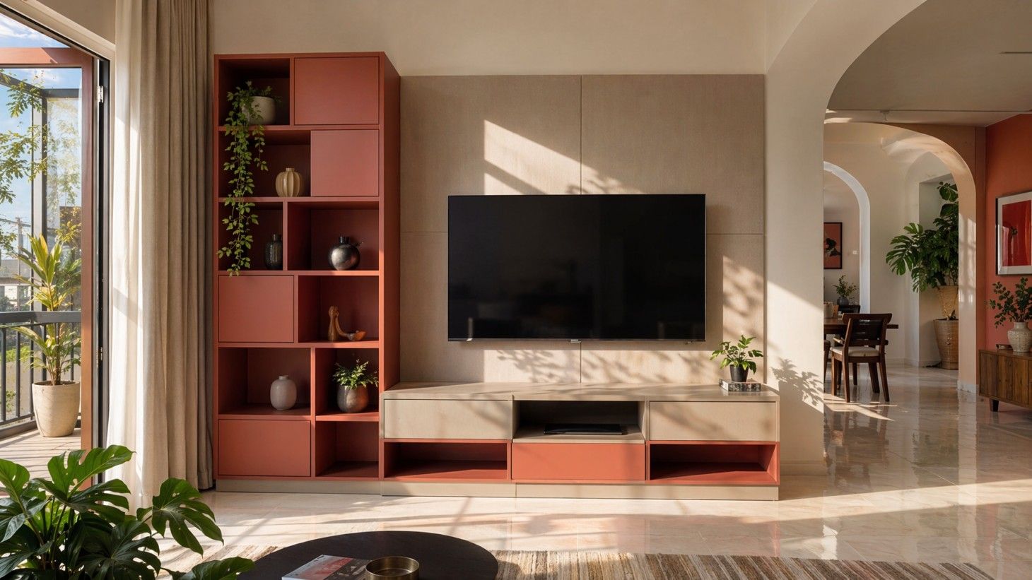 Modern living room TV unit with terracotta shelving, a beige media console, and a wall-mounted television set against textured neutral panels - Beautiful Homes