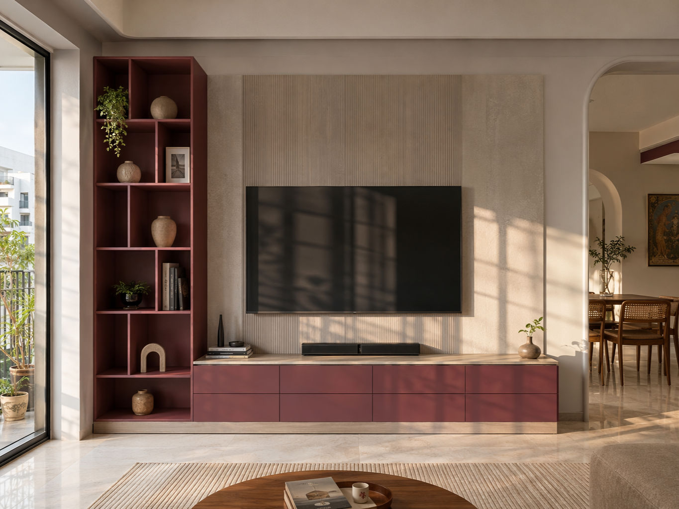 TV unit with a dusty rose media console, light wood top and base, tall open shelving, and a central fluted panel backdrop - Beautiful Homes