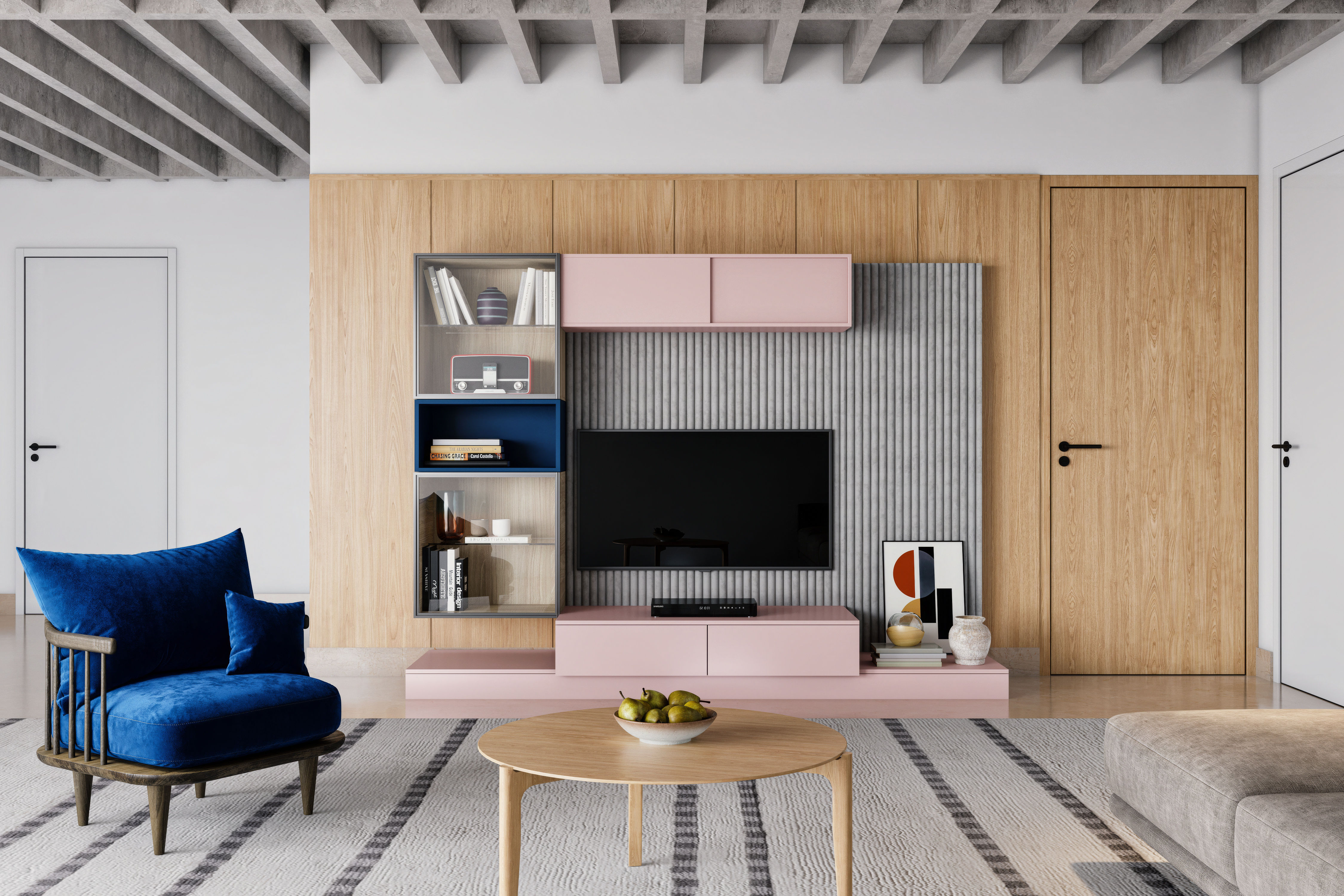 Stylish TV unit featuring a fluted grey panel, pastel pink drawers, and integrated bookshelf - Beautiful Homes