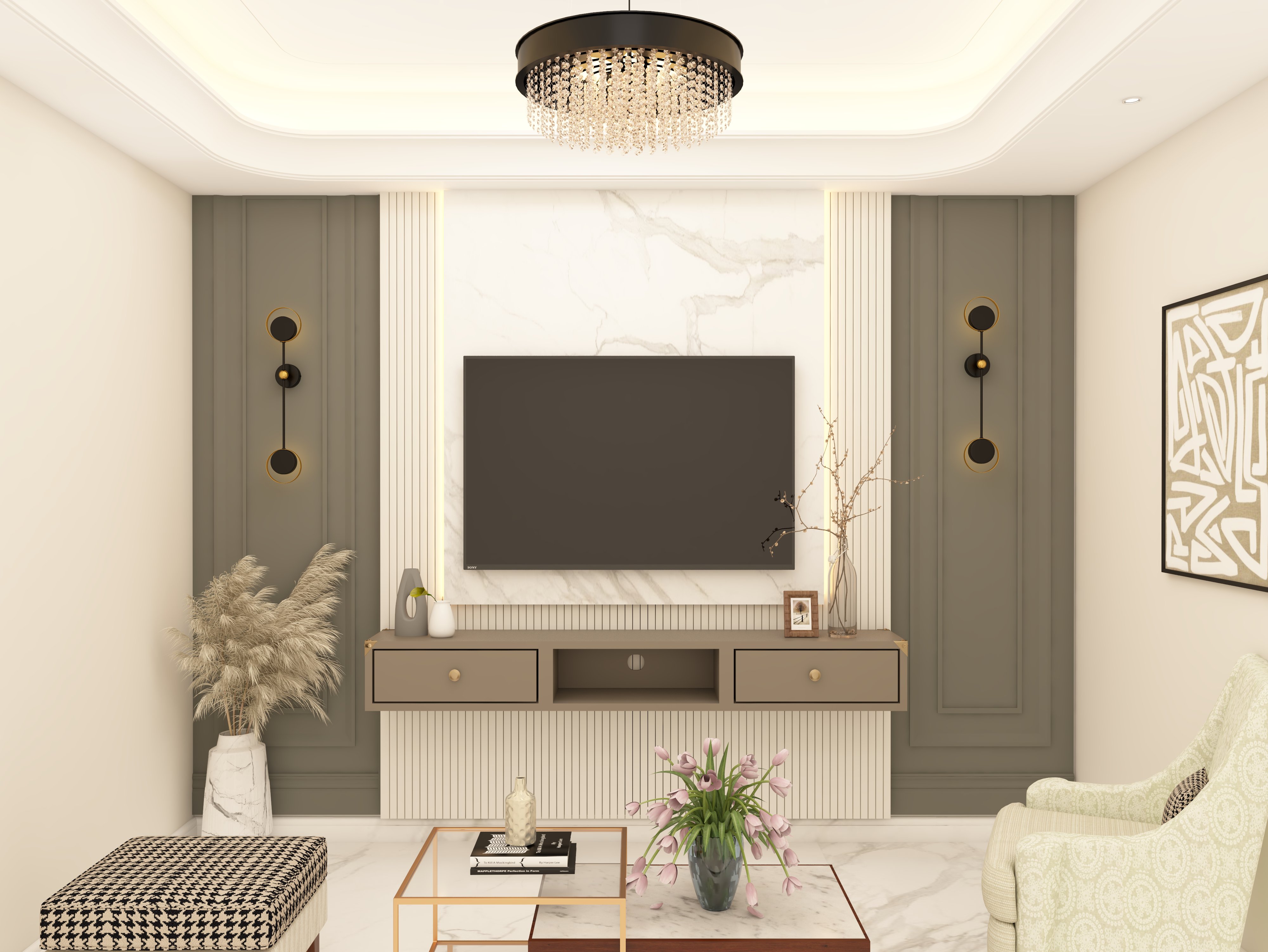 Elegant TV unit with marble back panel and wall mounted brown drawers - Beautiful Homes