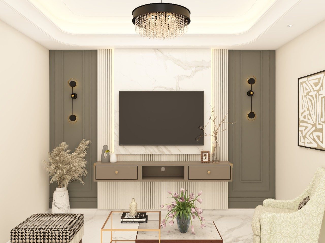 Elegant TV unit with marble back panel and wall mounted brown drawers - Beautiful Homes