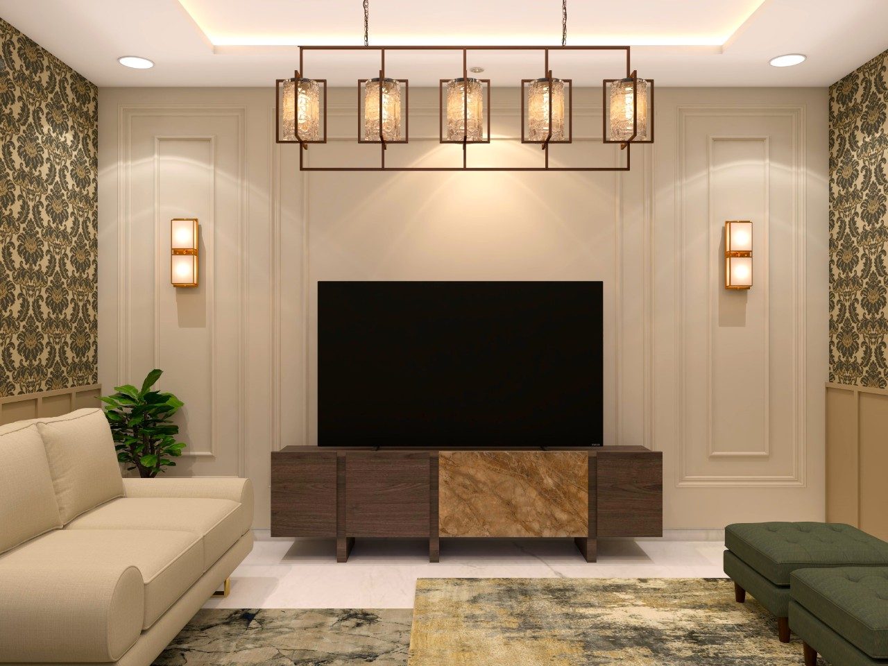 Floor mounted TV unit with cream wall mouldings-Beautiful Homes