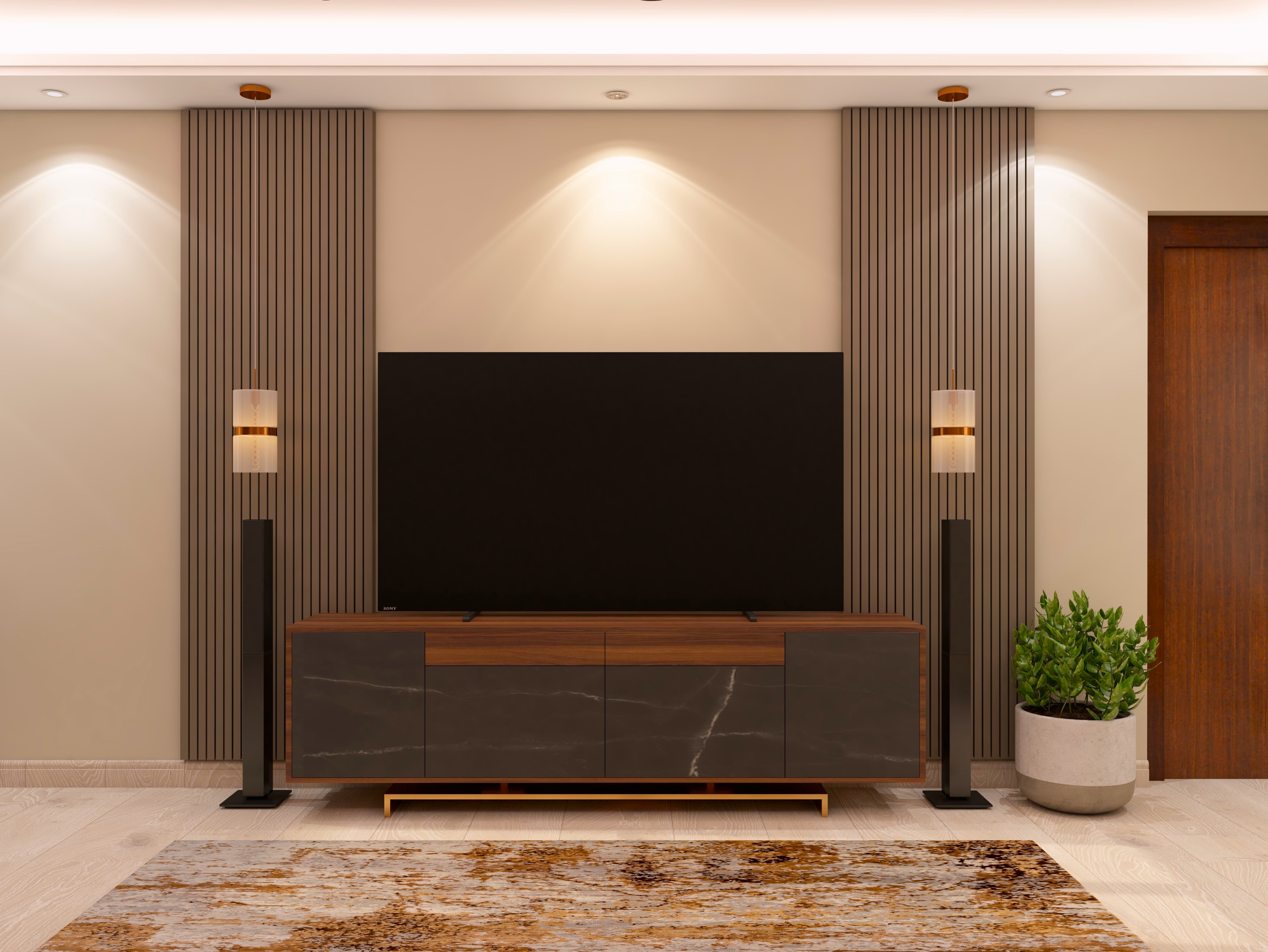 Floor mounted TV unit with golden legs and rafter paneling-Beautiful Homes