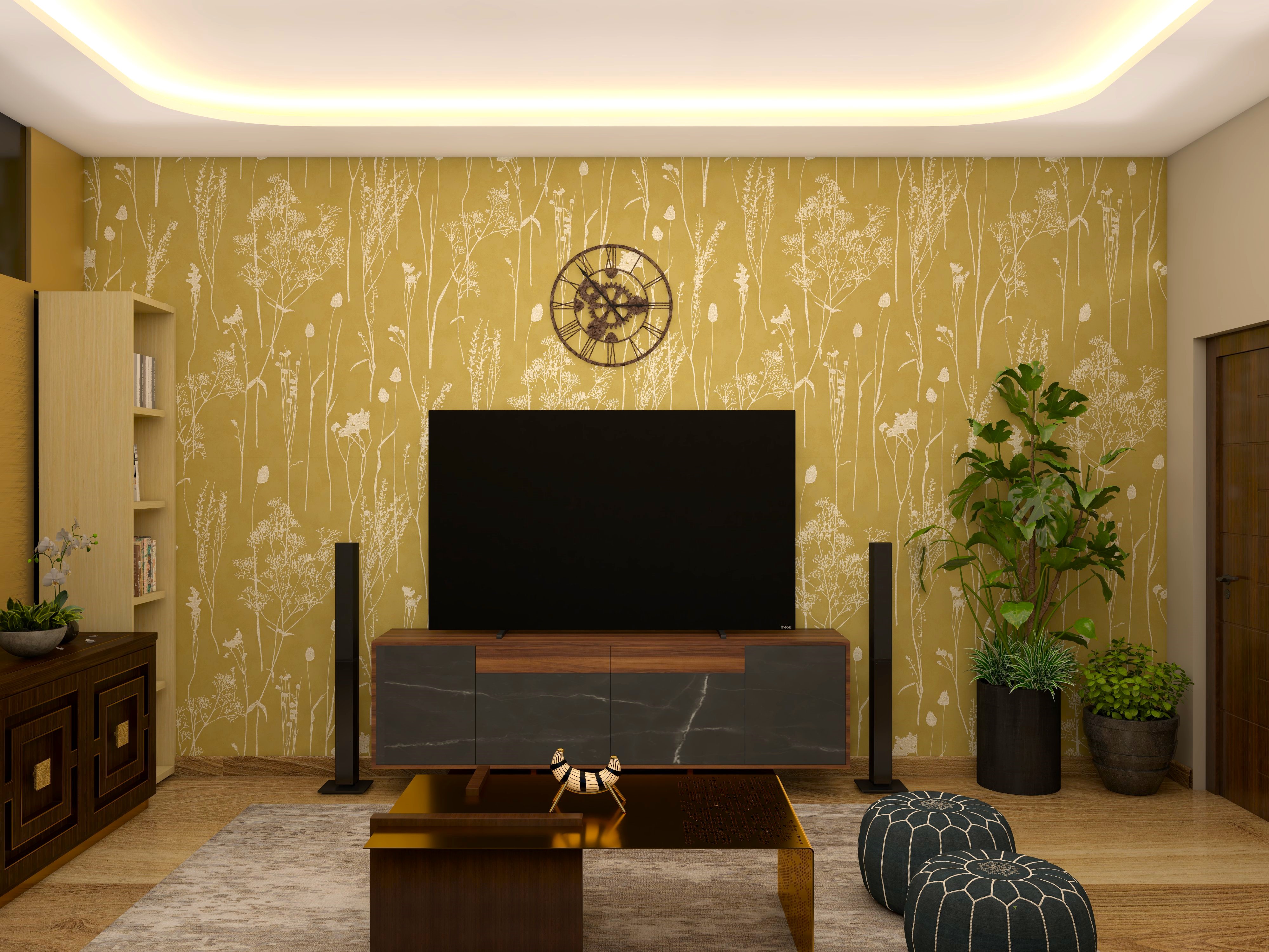 Freestanding TV unit with green patterned wallpaper-Beautiful Homes