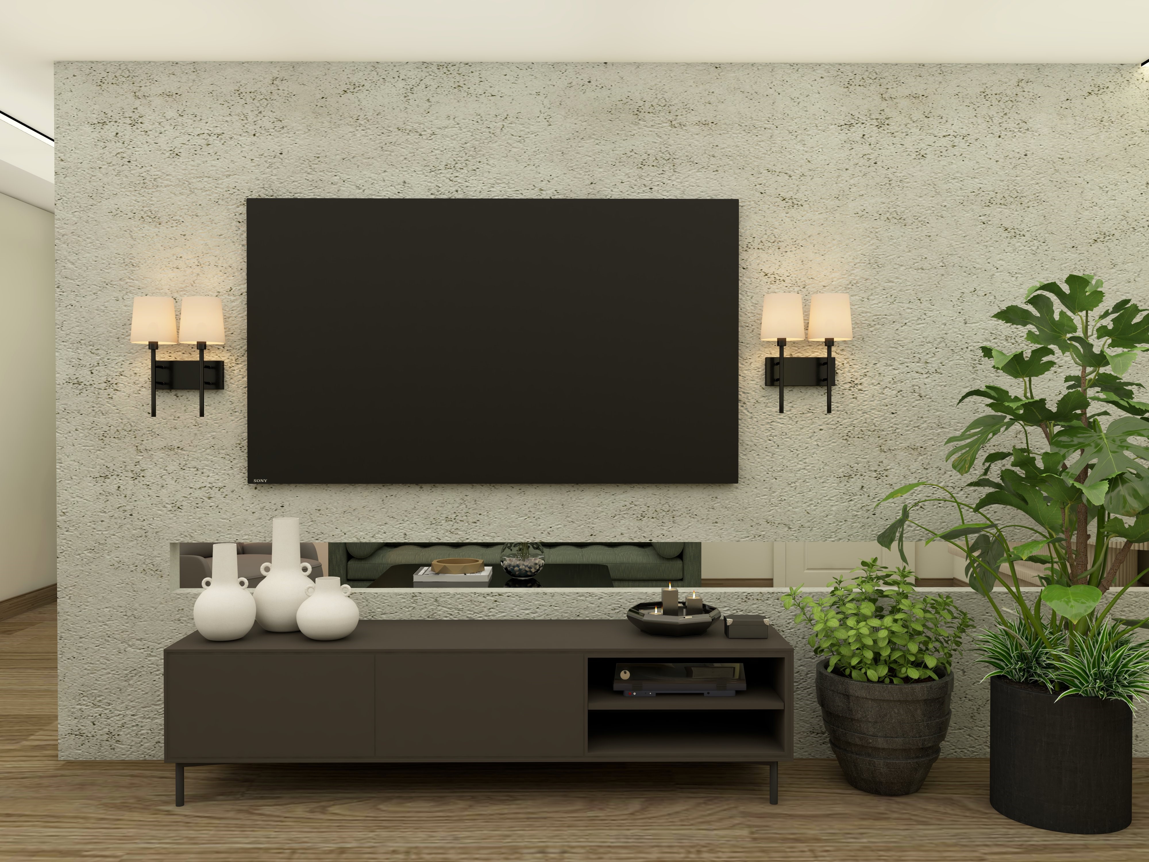 Freestanding wooden TV unit with textured wall paint-Beautiful Homes