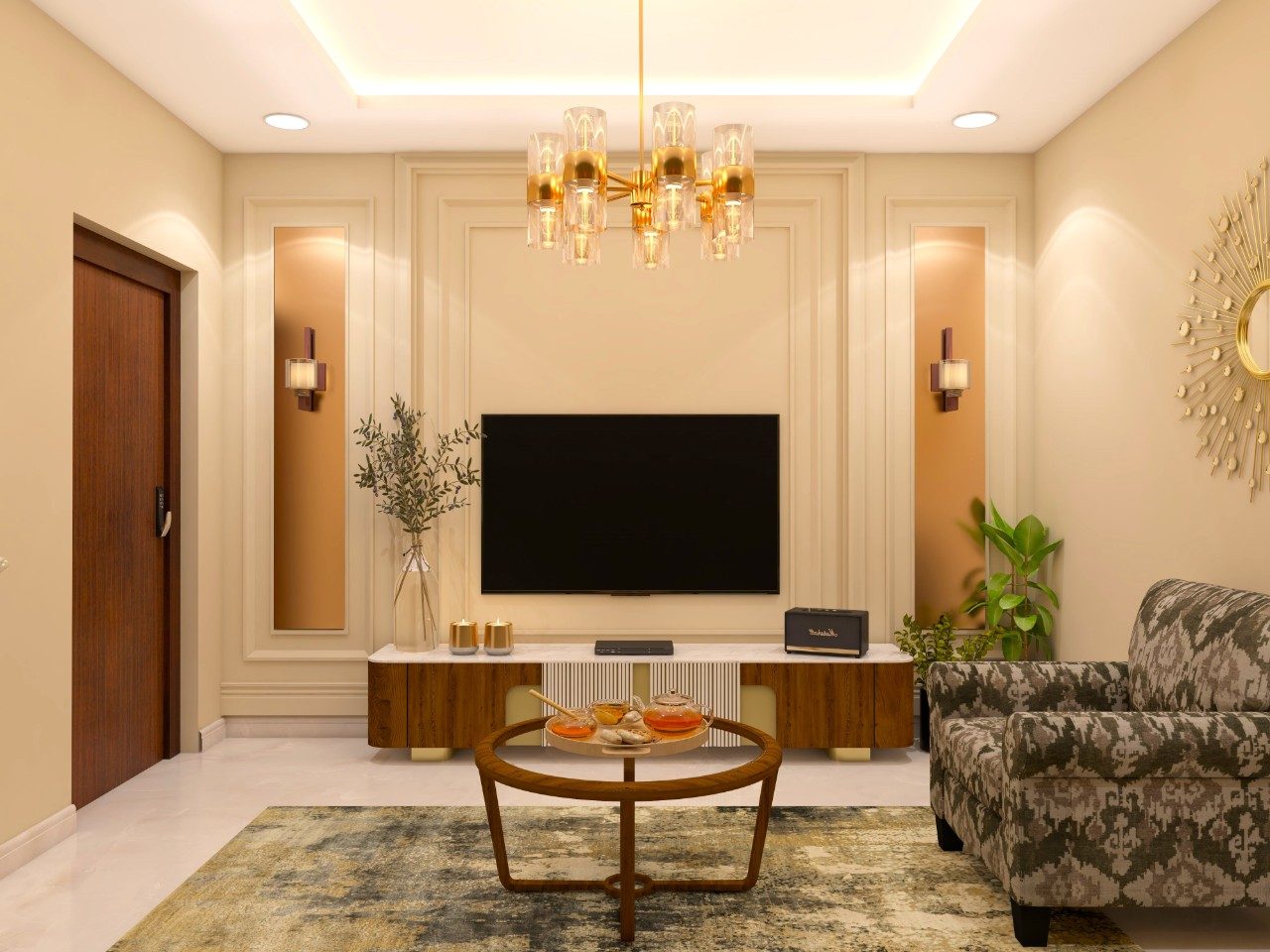 Freestanding wooden TV unit with white wall paneling-Beautiful Homes